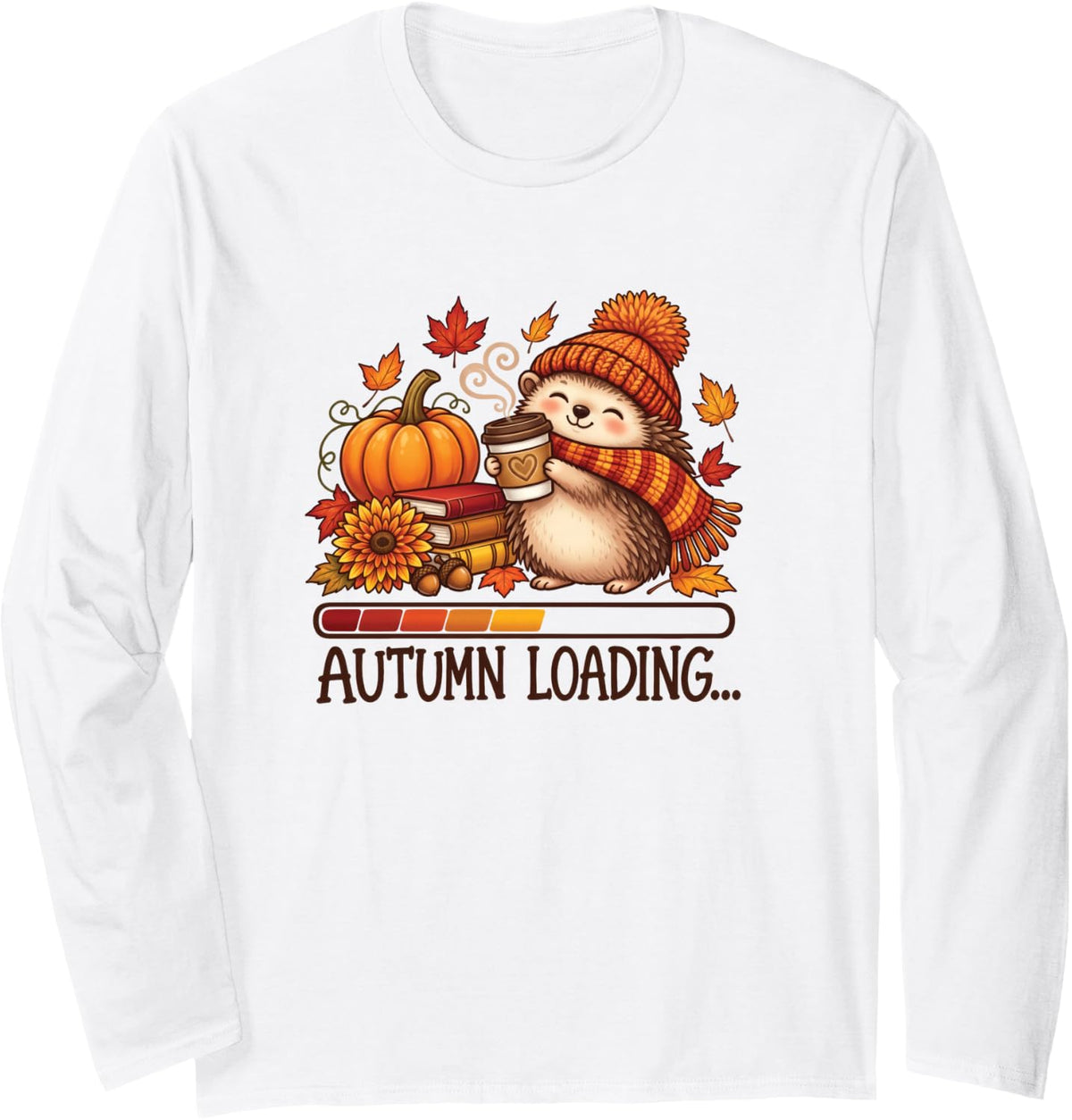 Cute Hedgehog Autumn Loading Fall Pumpkin Coffee Design Long Sleeve T-Shirt - Adult Unisex White