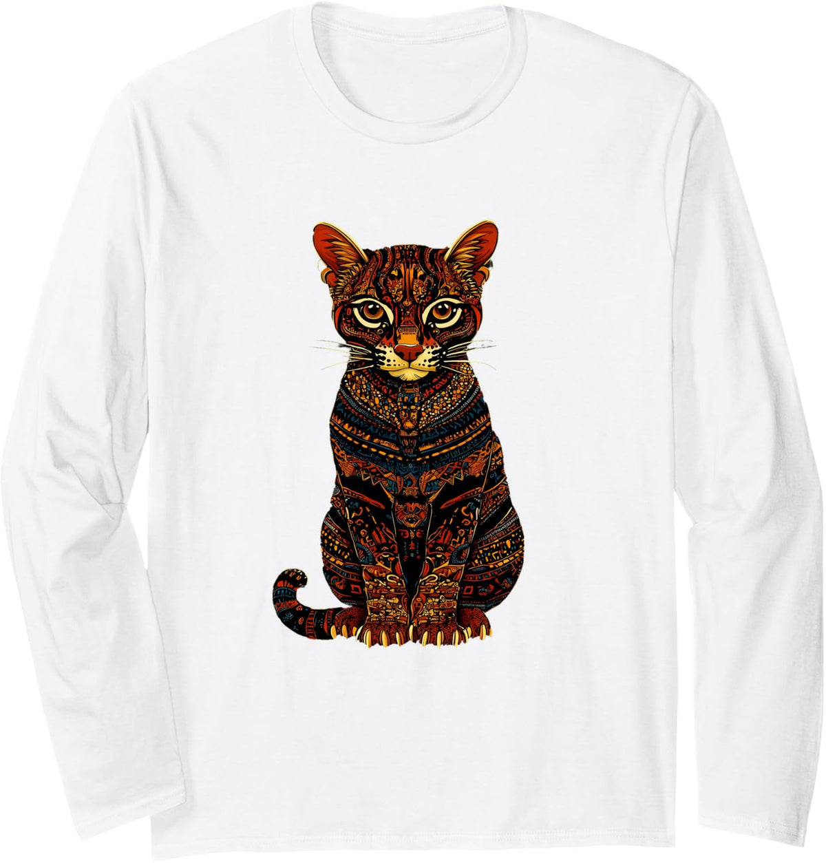 Aztec Cheetah Native Mexican Pride Mayan Mexican Mythology Long Sleeve T-Shirt - Adult Unisex White