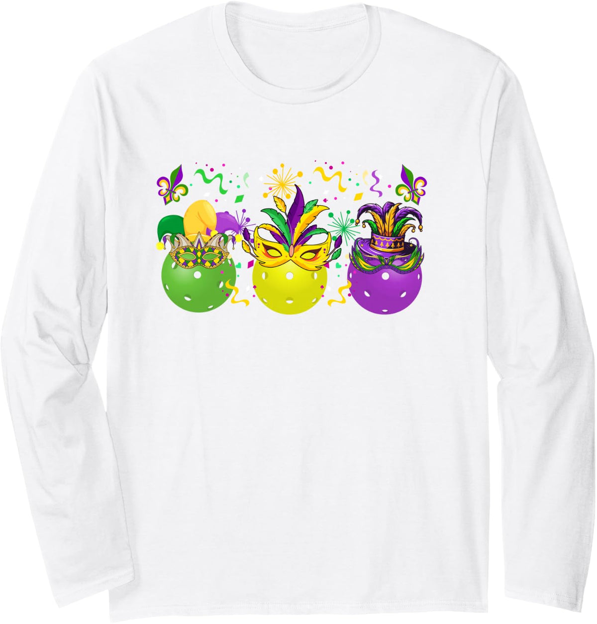 Three Mardi Gras Pickleball Balls Masked Jester Hats Parades Long Sleeve T-Shirt - Adult Unisex White