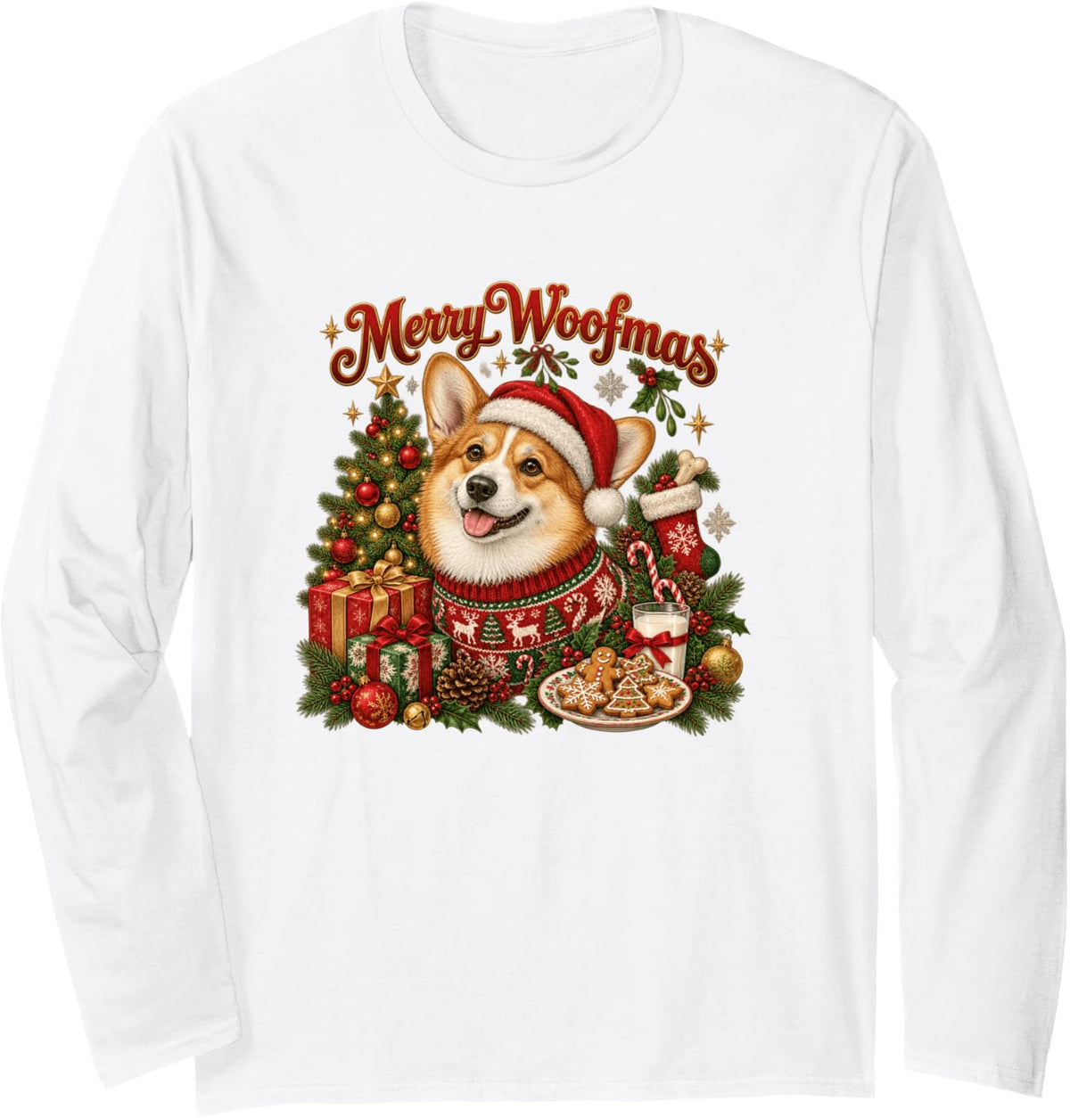 Merry Woofmas Pembroke Welsh Corgi Christmas Long Sleeve T-Shirt - Adult Unisex White