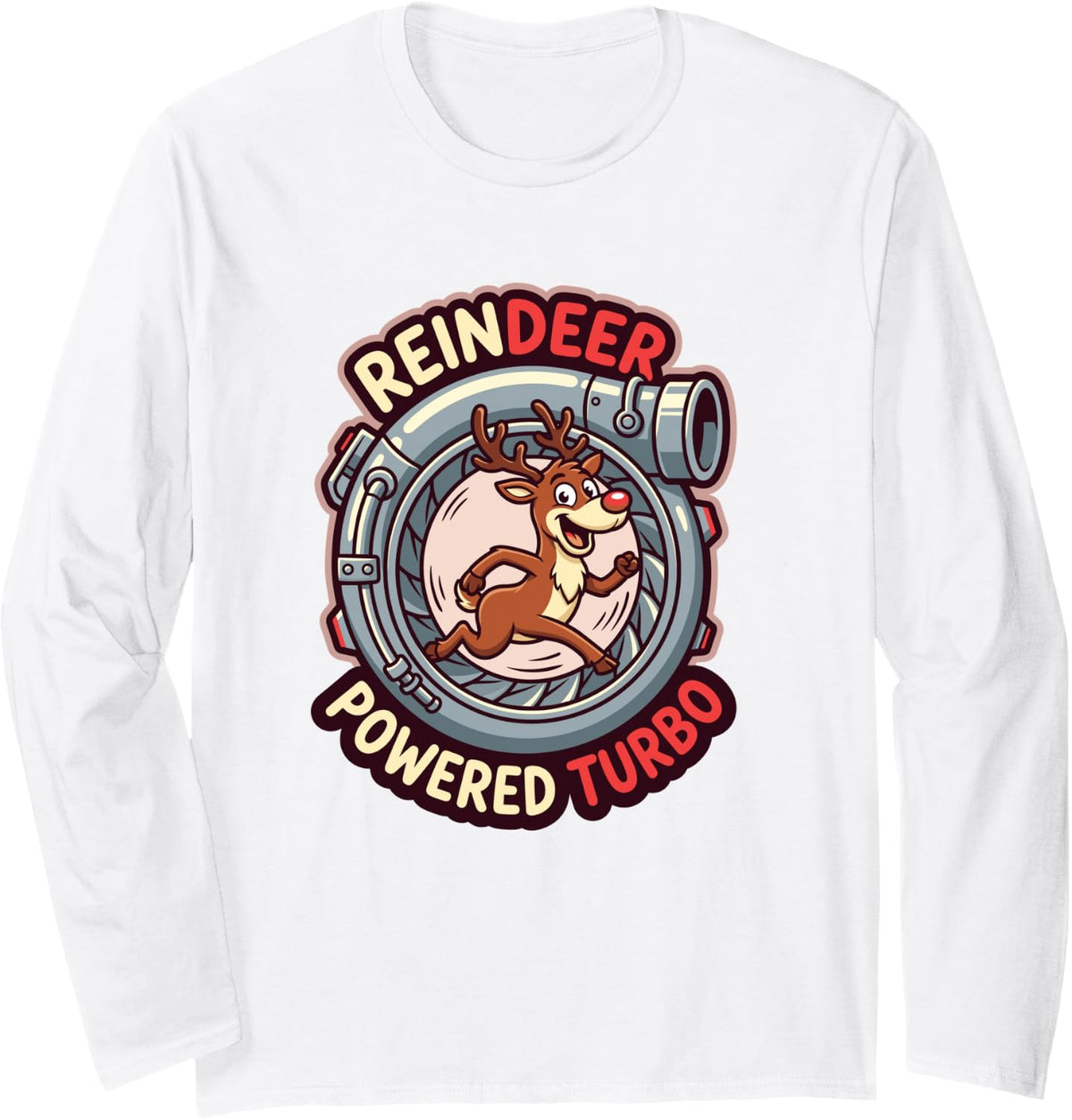 Reindeer Powered Turbo Speed Engine Power Cartoon Fast Long Sleeve T-Shirt - Adult Unisex White