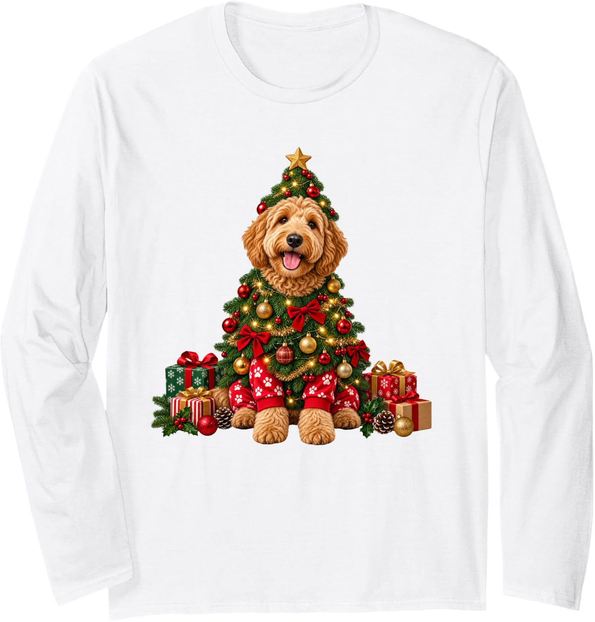 Goldendoodle Christmas Tree Costume Festive Holiday Art Long Sleeve T-Shirt - Adult Unisex White