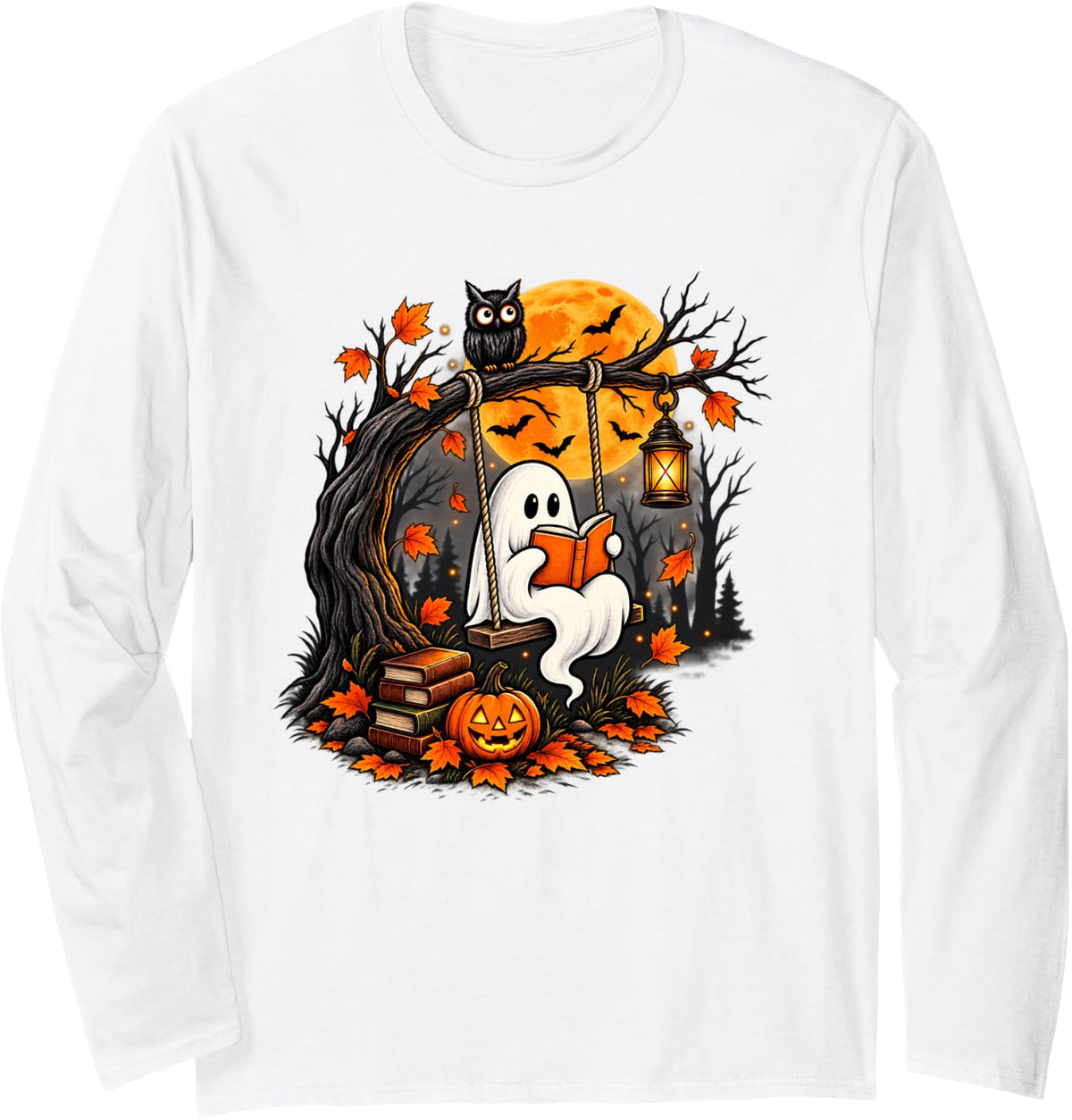 Cute Reading Ghost Book Lover Librarian Halloween Costume Long Sleeve T-Shirt - Adult Unisex White
