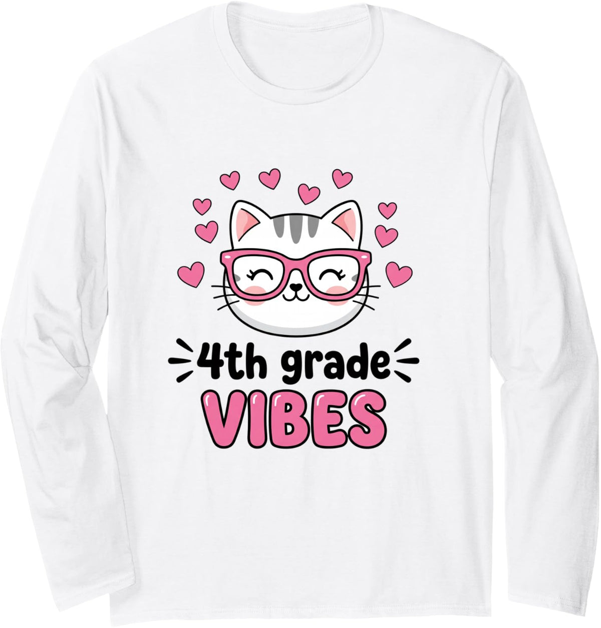 4TH Grade Vibes Cute Cat Back to School Girls Student Long Sleeve T-Shirt - Adult Unisex White