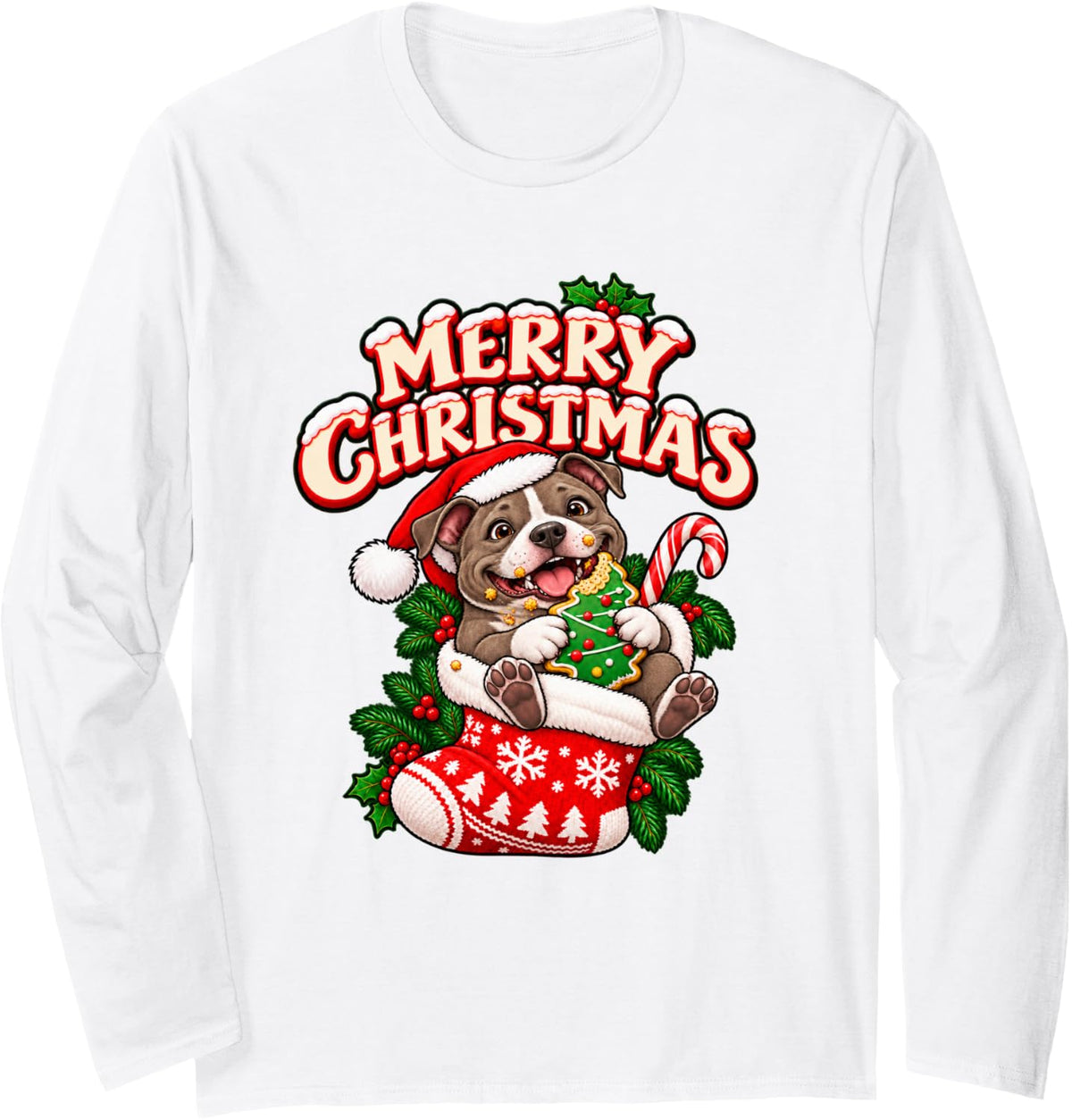 Merry Christmas Happy Pitbull Cute Stocking Funny Long Sleeve T-Shirt - Adult Unisex White