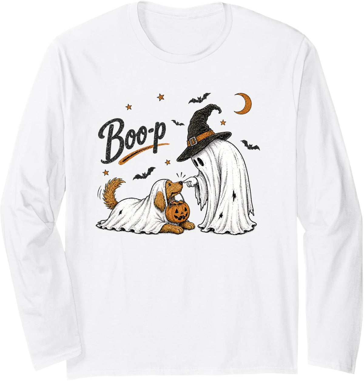 Boo Boop Dog Ghost Funny Halloween Dog Lovers Dog Mom Boo-p Long Sleeve T-Shirt - Adult Unisex White