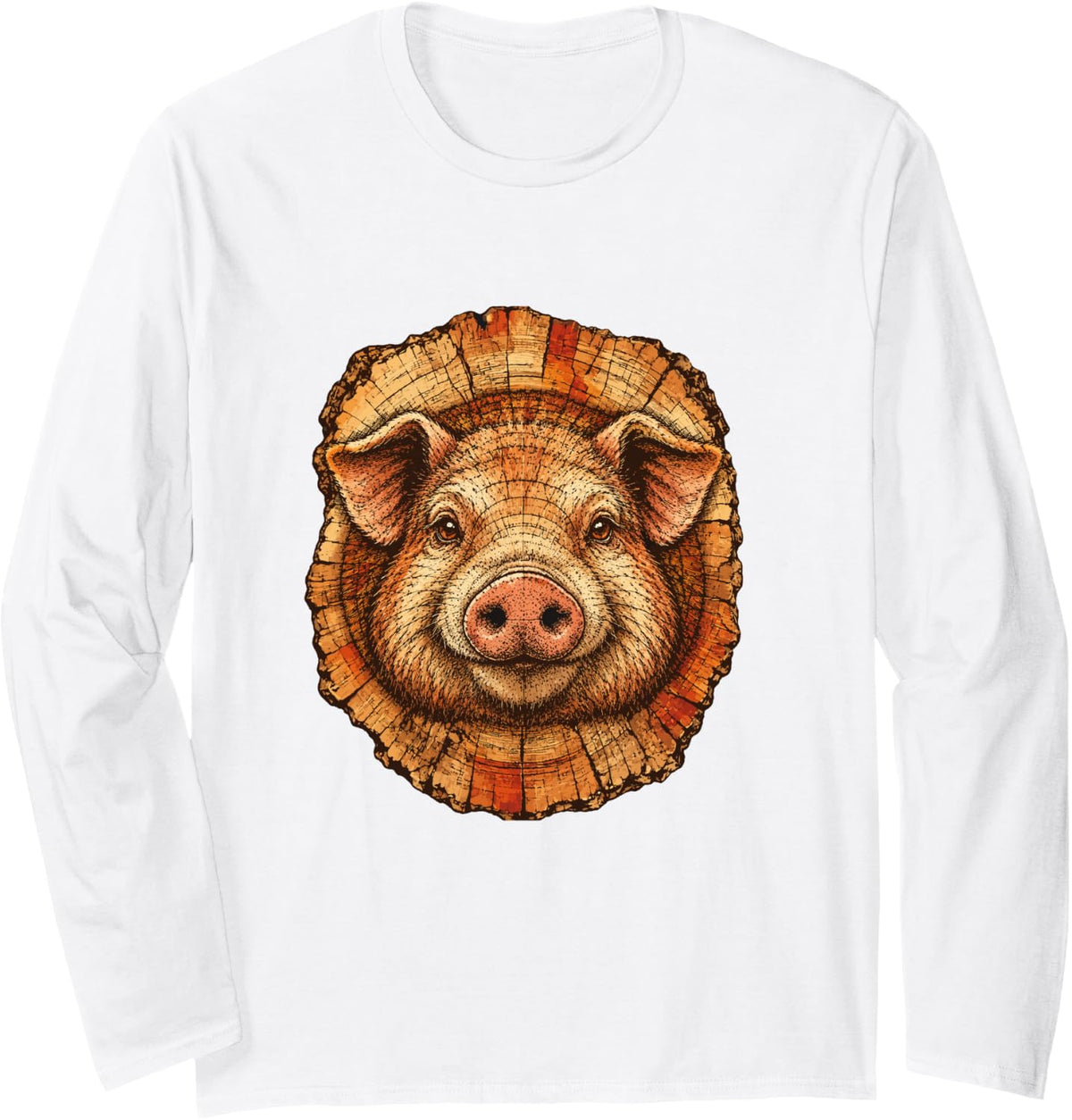 Rustic Pig with Tree Rings Cute Autumn Farm Animal Art Long Sleeve T-Shirt - Adult Unisex White