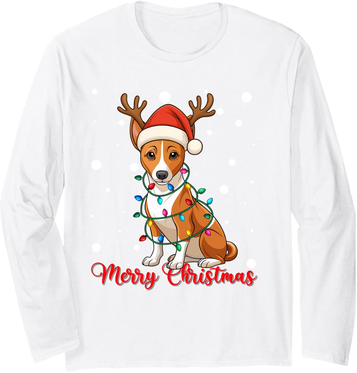 Merry Christmas Cute Basenji Dog Ugly Xmas Sweaters Long Sleeve T-Shirt - Adult Unisex White