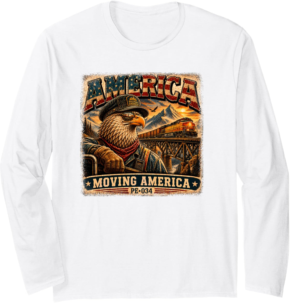 America | Moving America | Vintage Eagle Railroad Engineer Long Sleeve T-Shirt - Adult Unisex White