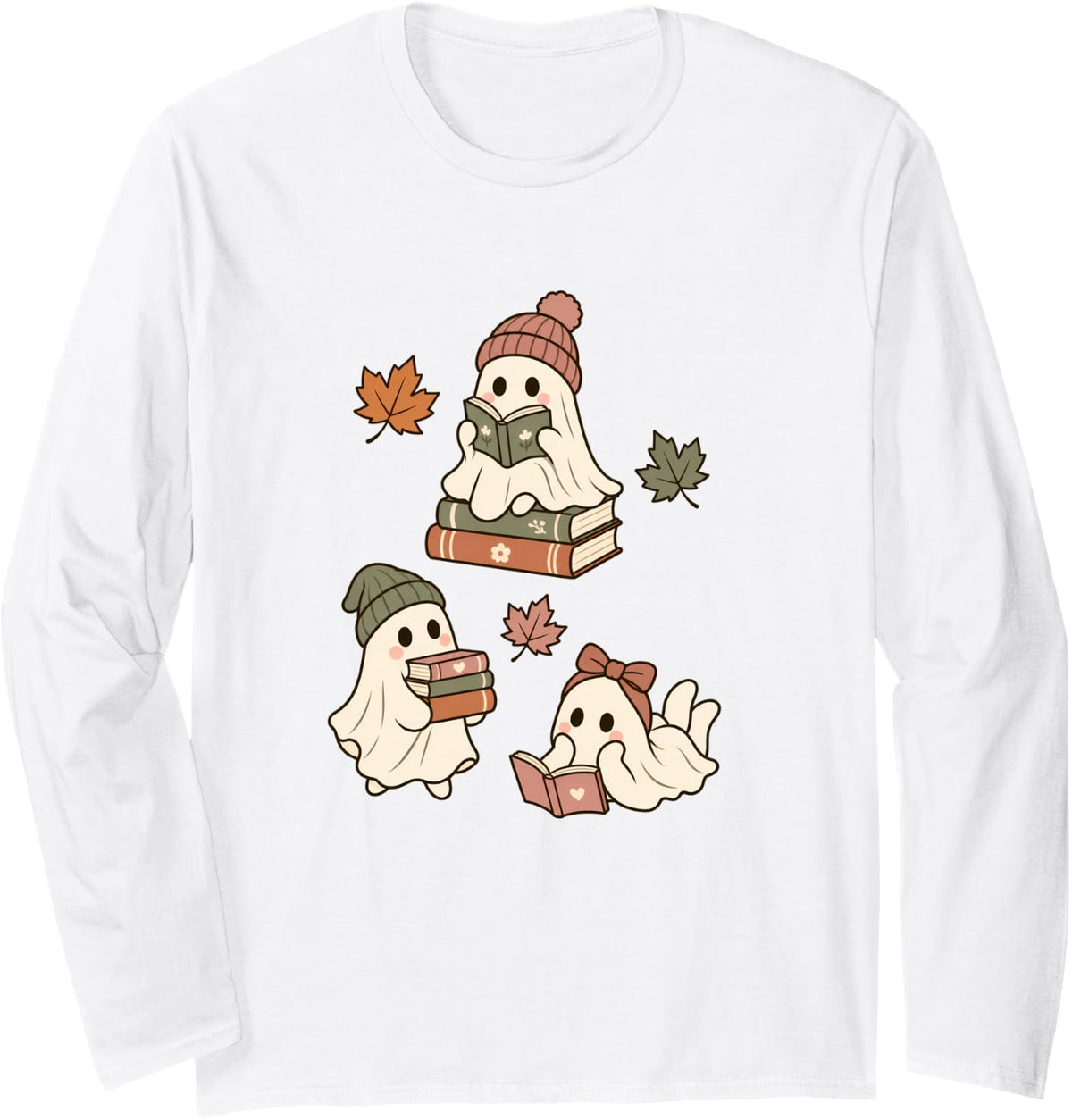 Halloween Reading Ghosts Cute Fall Book Lover Long Sleeve T-Shirt - Adult Unisex White