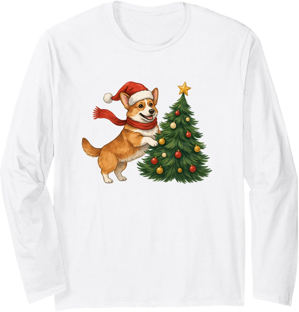 Christmas Corgi Pembroke Welsh Corgi Holiday Tree Santa Long Sleeve T-Shirt - Adult Unisex White
