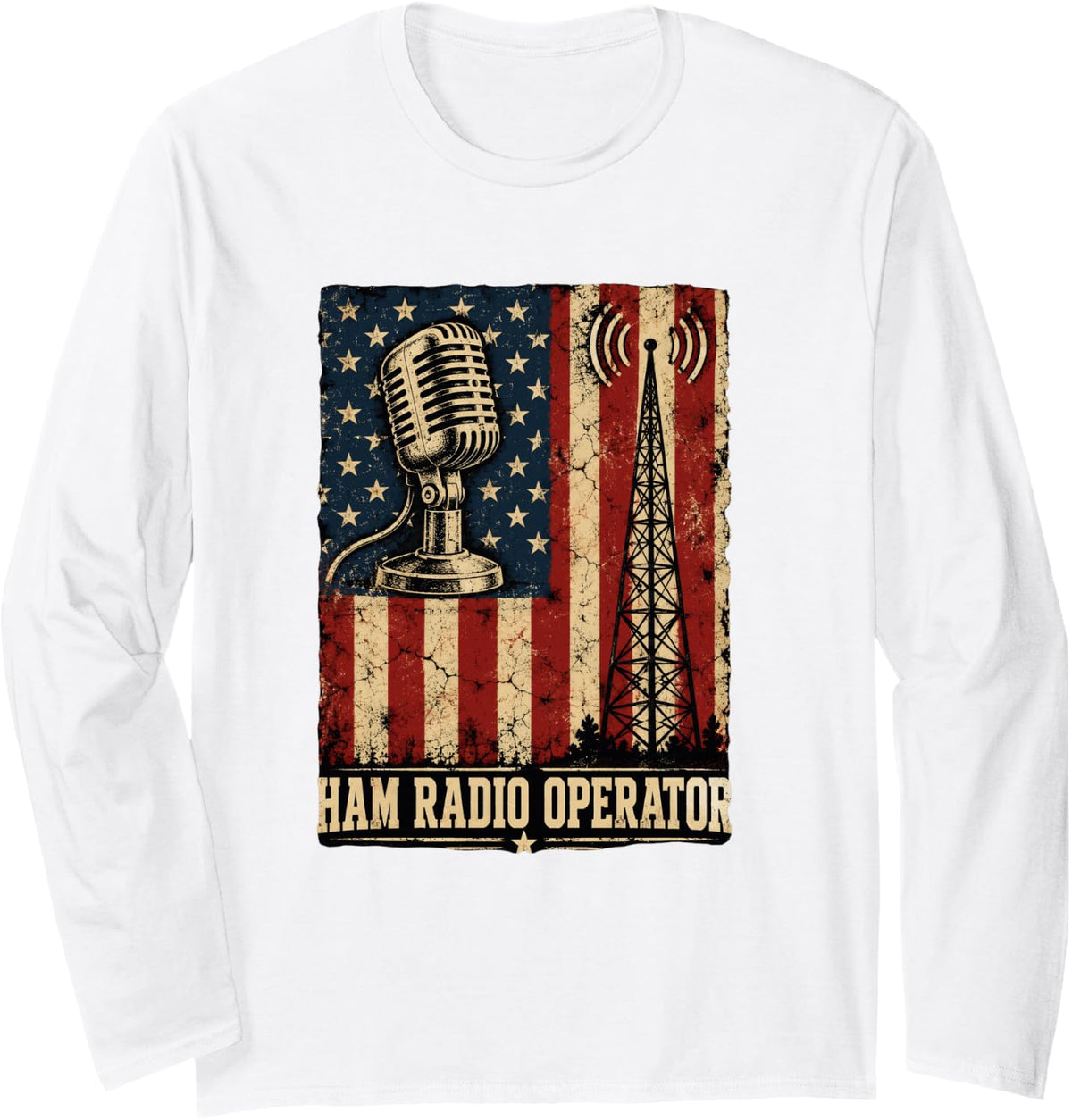 Ham Radio Operator Vintage American Flag Long Sleeve T-Shirt - Adult Unisex White