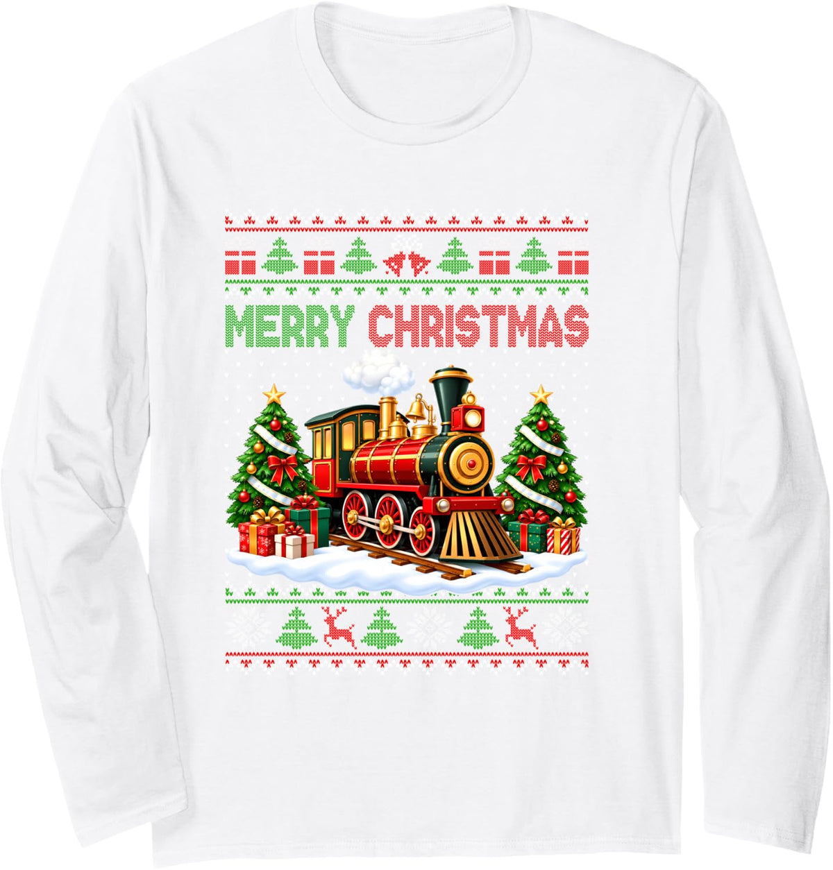Funny Train Xmas Tree Ugly Christmas Sweater Men Boys Kids Long Sleeve T-Shirt - Adult Unisex White