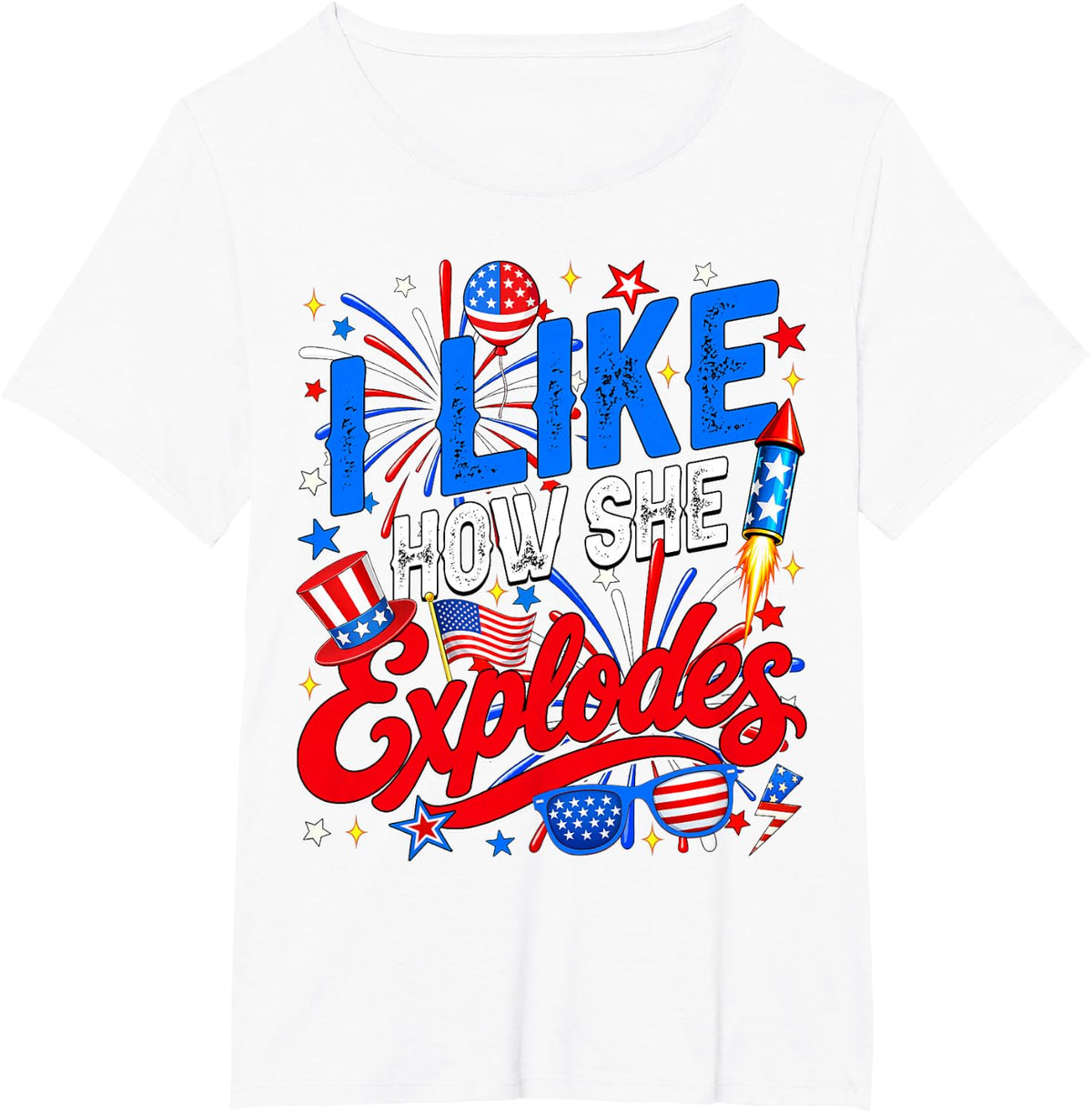 4th of July I Like How She Explodes Couple Matching He Bangs T-Shirt - White