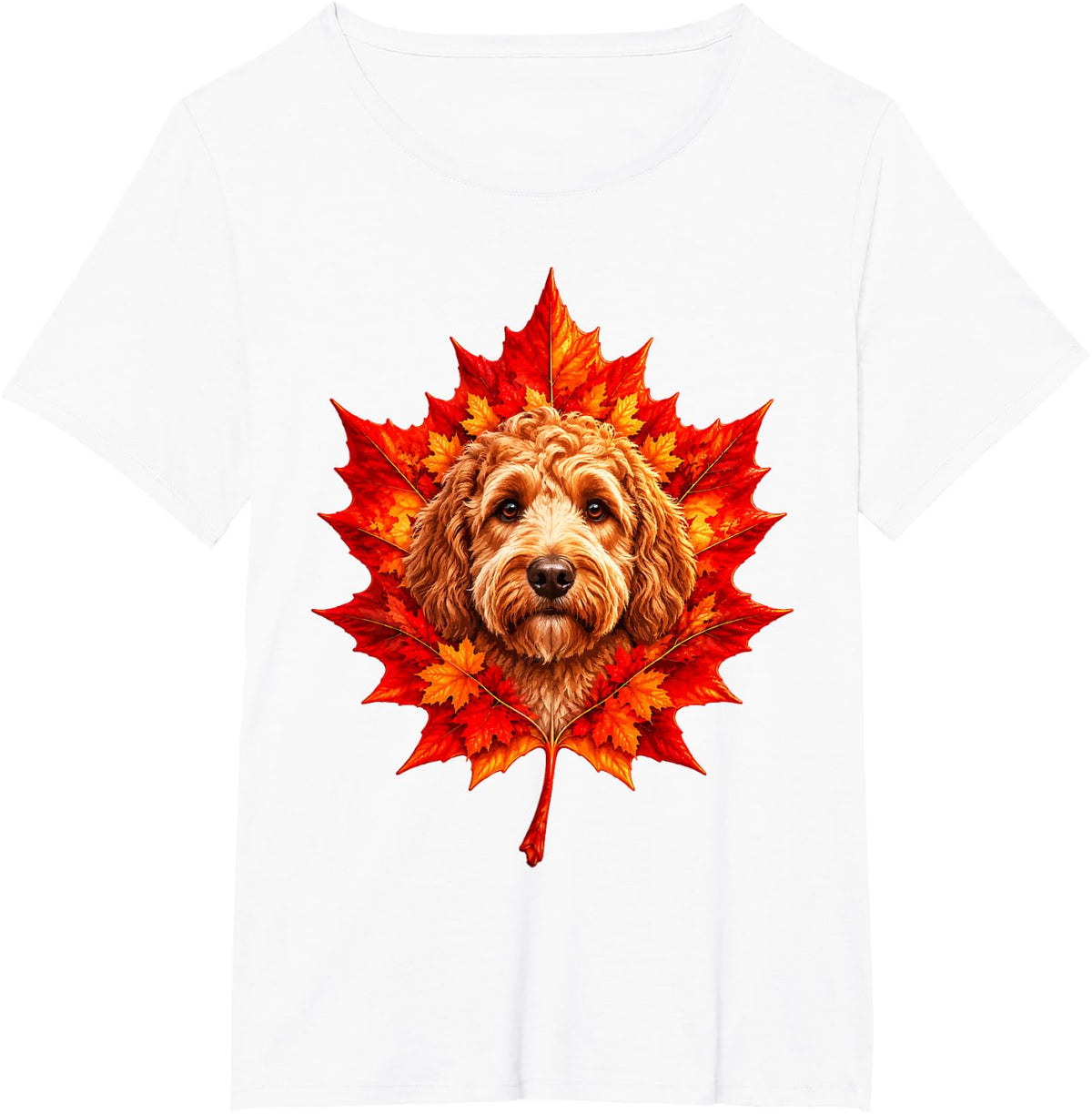 Maple Leaf with Goldendoodle Autumn Leaves Fall Season Art T-Shirt - White