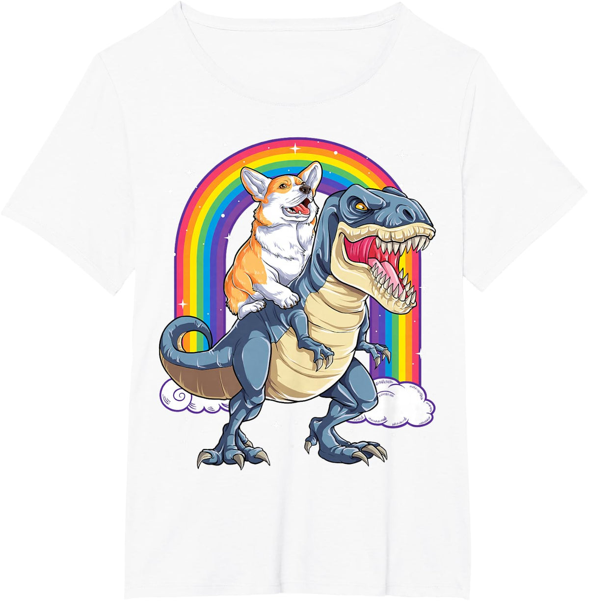 Corgi Riding Dinosaur T-rex Gifts Men Women Rainbow Funny T-Shirt - White