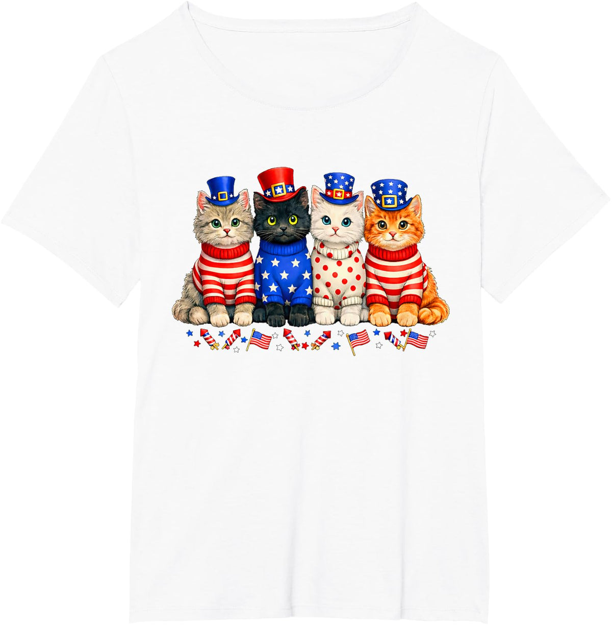 4th of July Patriotic Cats Flags Fireworks Independence Day T-Shirt - White
