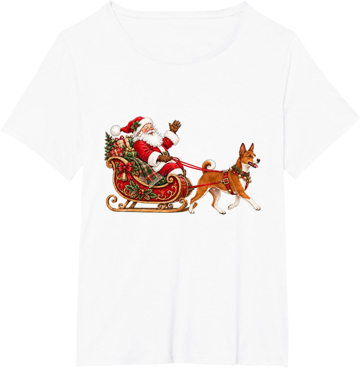 Basenji Christmas Santa Sleigh Holiday Dog Design T-Shirt - White