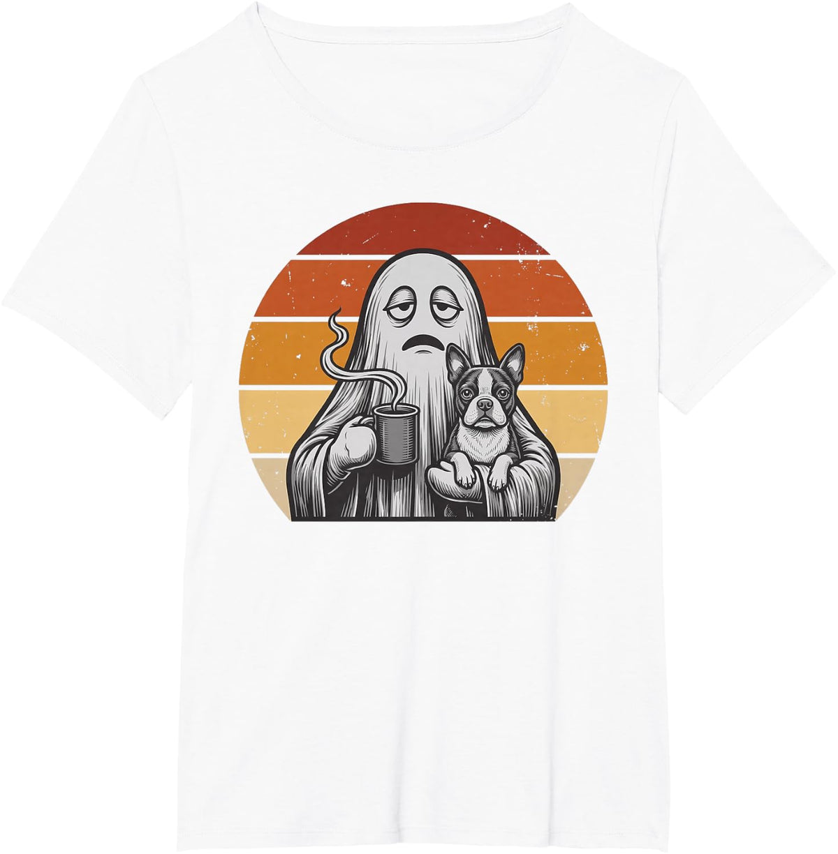 Grumpy Ghost Boston Terrier Dog Coffee Lover Spooky Season T-Shirt - White