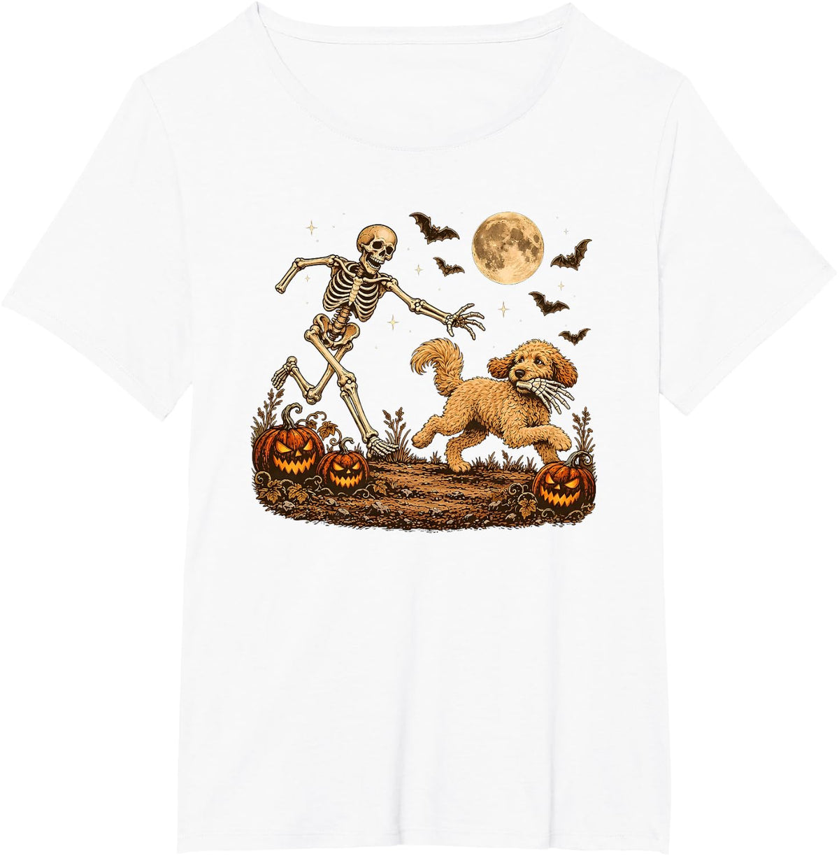 Halloween Skeleton with Goldendoodle Dog Chasing Bones T-Shirt - White