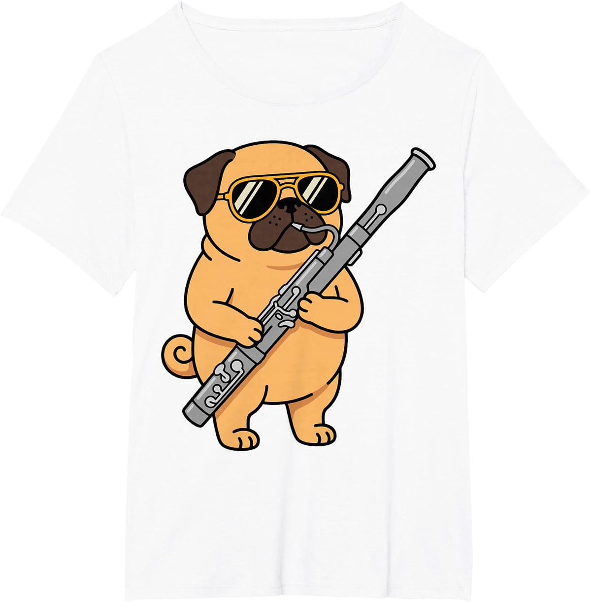 Cool Pug Playing Bassoon Funny Dog Double Reed Musician T-Shirt - White