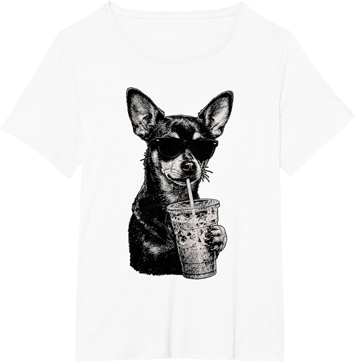 Funny Chihuahua Drinking Iced Coffee Humor T-Shirt - White