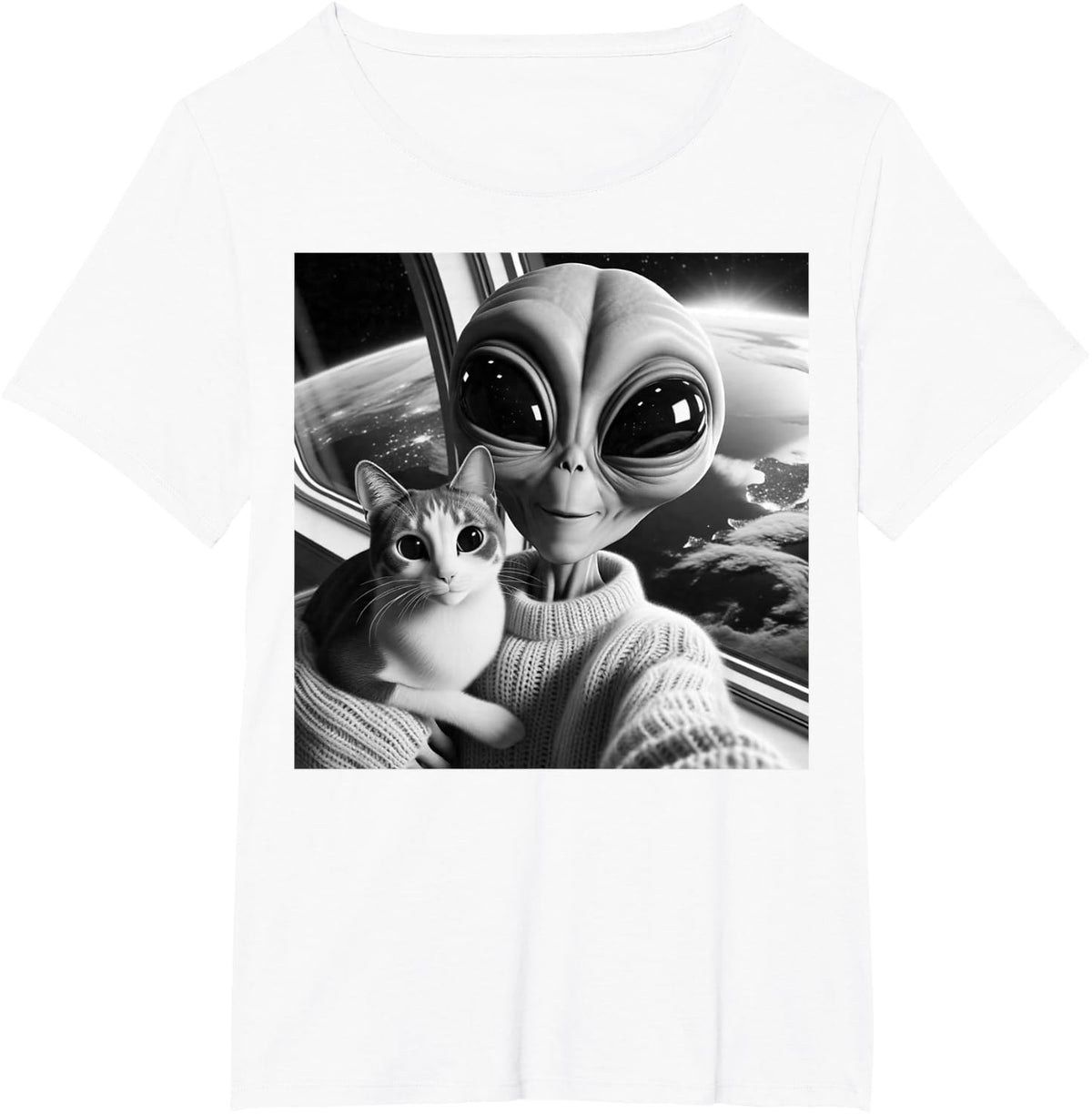 Cute Alien Cat Selfie Funny UFO Earth Photo T-Shirt - White