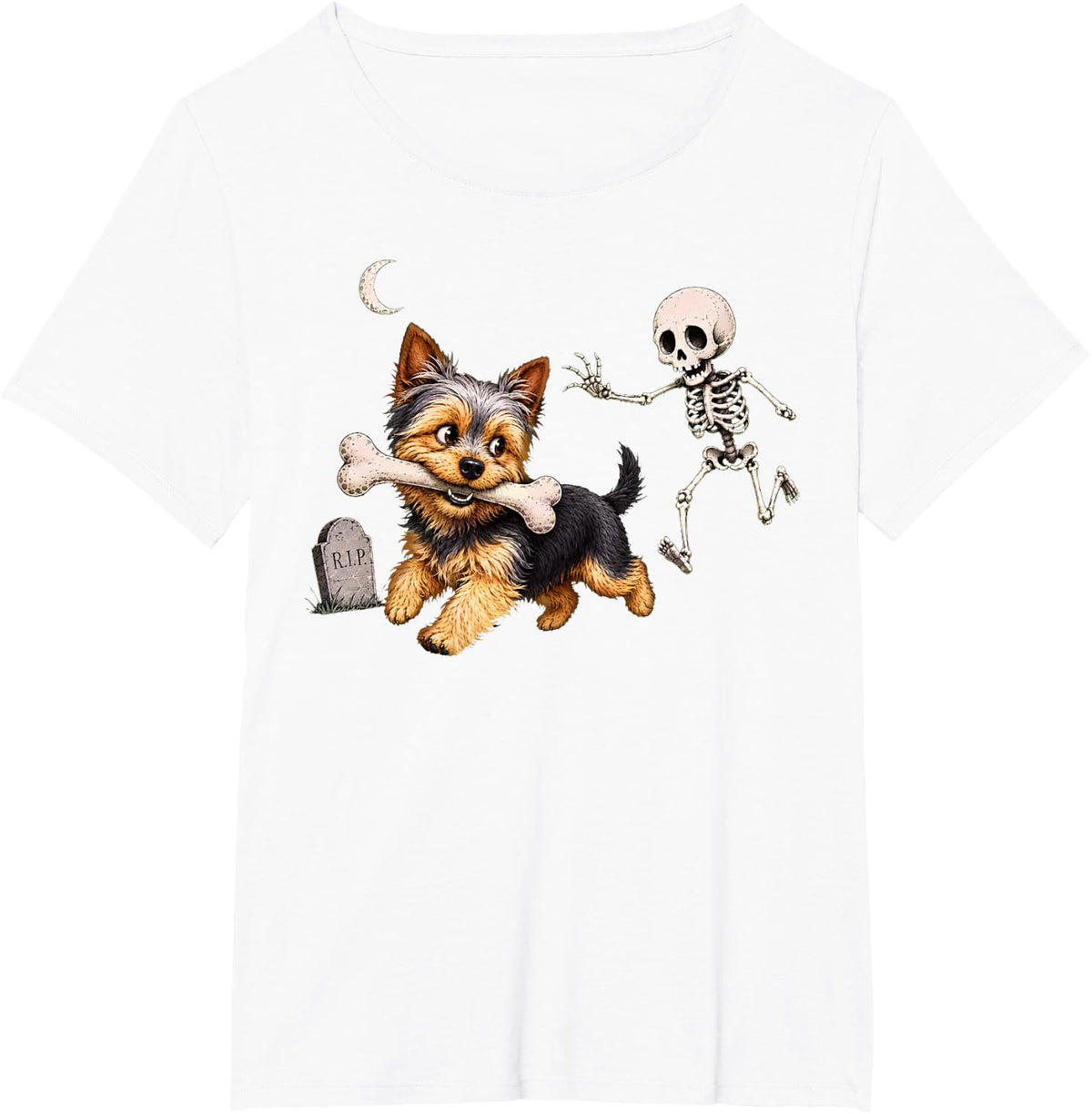 Dog Stealing Bone from Skeleton Yorkshire Terrier Halloween T-Shirt - White