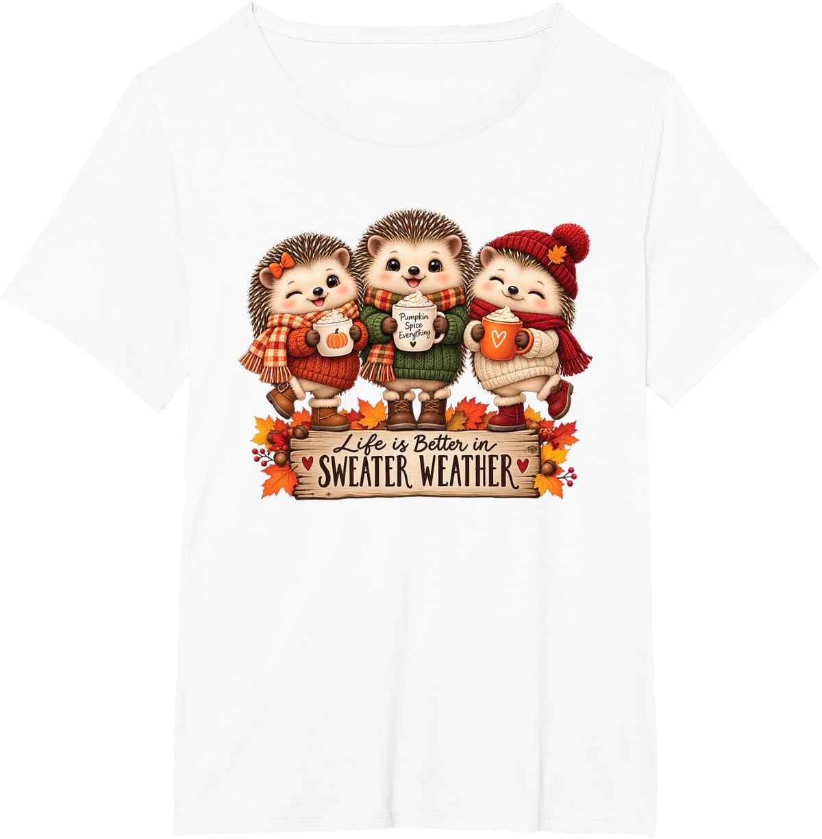Cute Hedgehog Sweater Weather Fall Pumpkin Spice Autumn T-Shirt - White