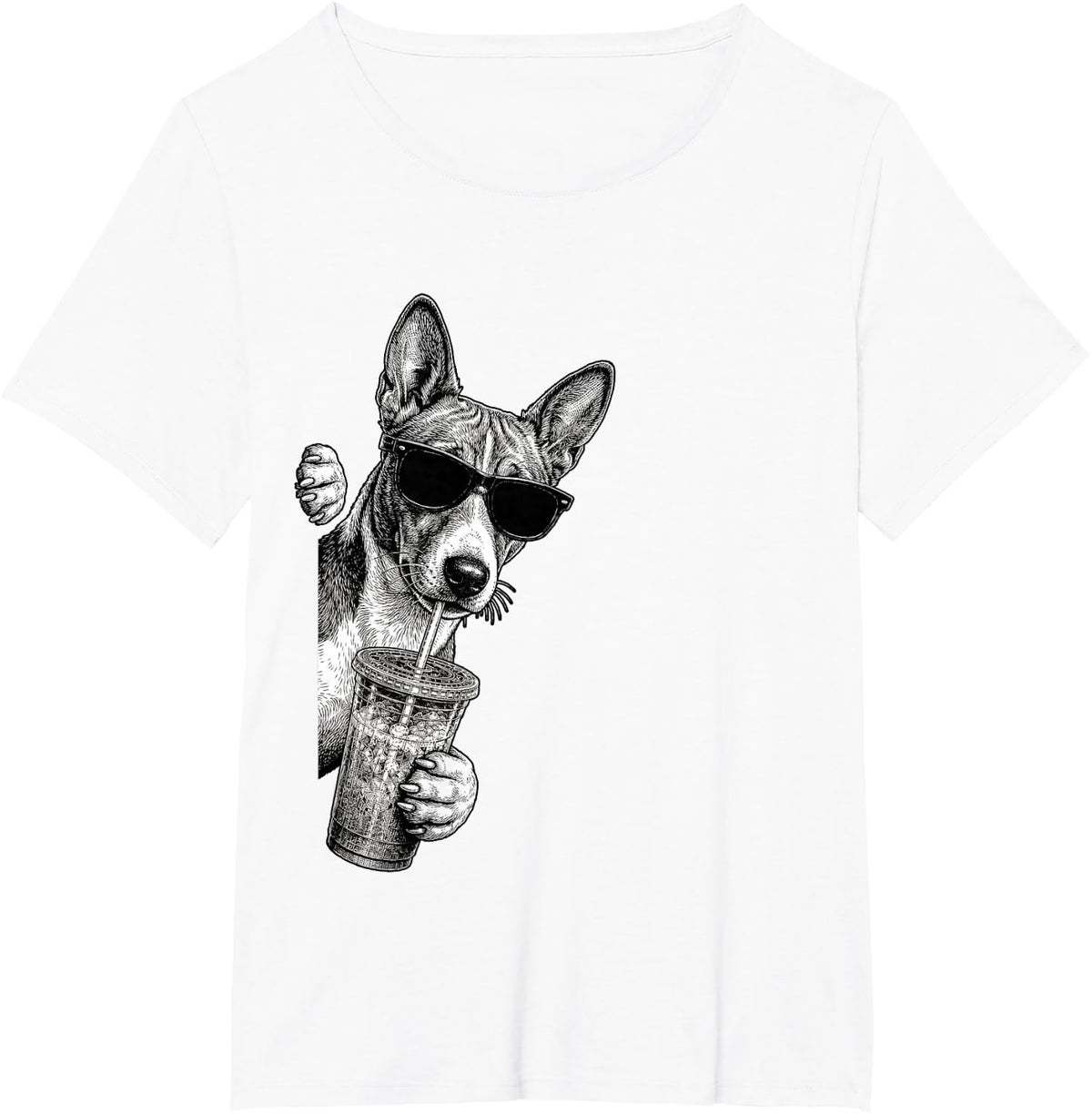 Basenji Dog Peeking Drinking Iced Coffee Humor T-Shirt - White