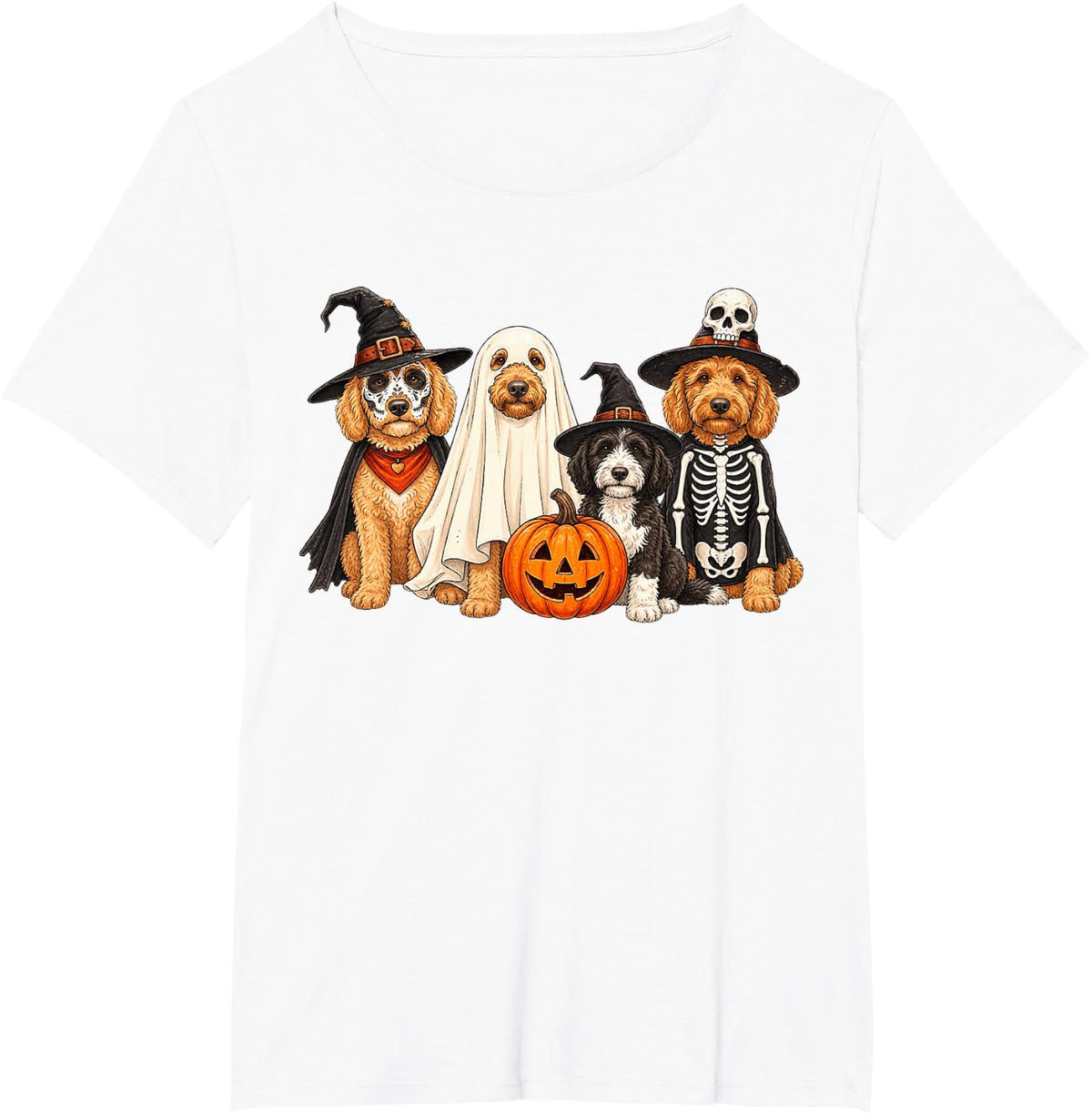Goldendoodle Dog Halloween Spooky Ghost Witch Graphic T-Shirt - White
