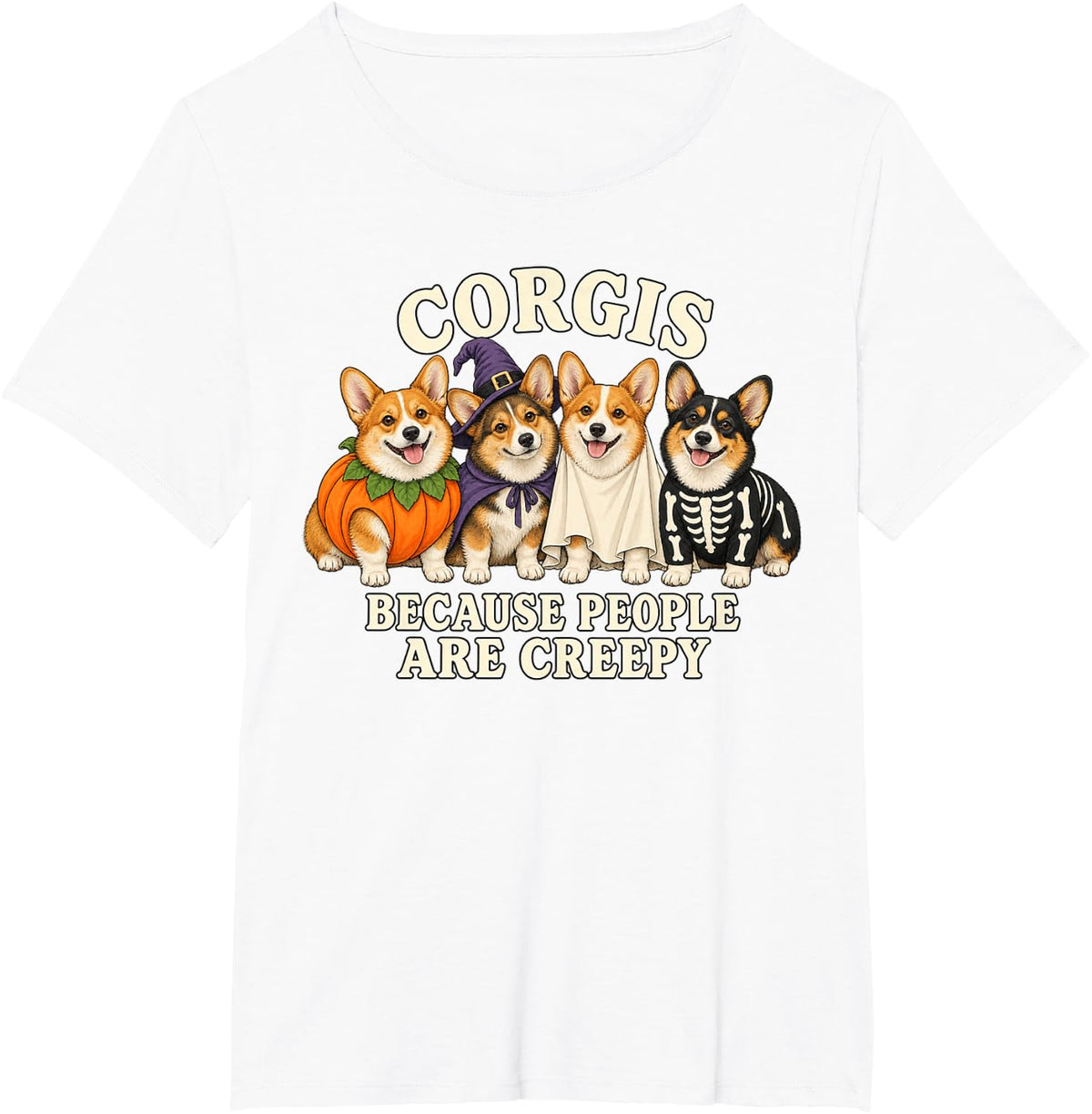 Pembroke Welsh Corgi Halloween Pumpkin Witch Ghost Group T-Shirt - White