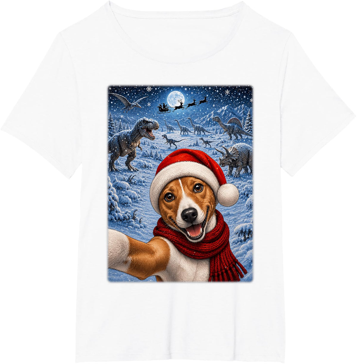 Basenji Dog Christmas Moon Night Starry Dinosaurs Xmas T-Shirt - White