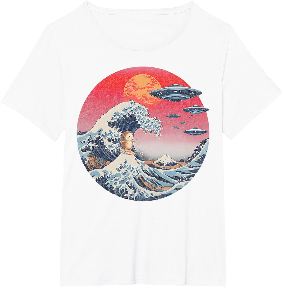 Great Wave Off Kanagawa Japanese UFO Flying Saucers Hedgehog T-Shirt - White