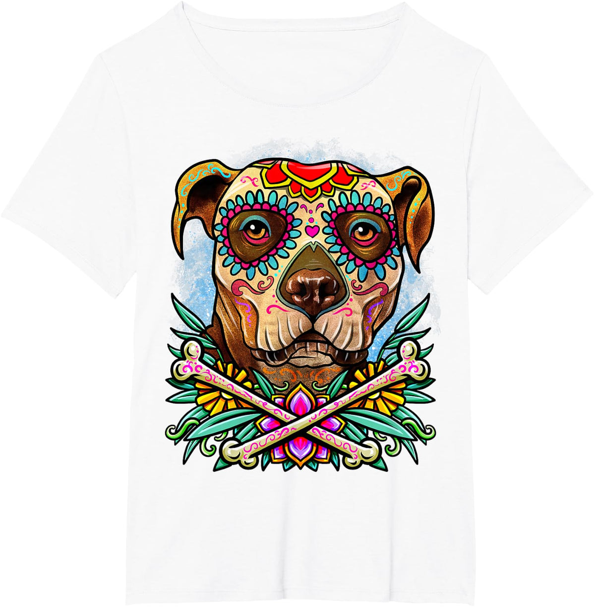 Pitbull Dog Day of the Dead La Catrina Sugar Skull Dog Mama T-Shirt Tee - White