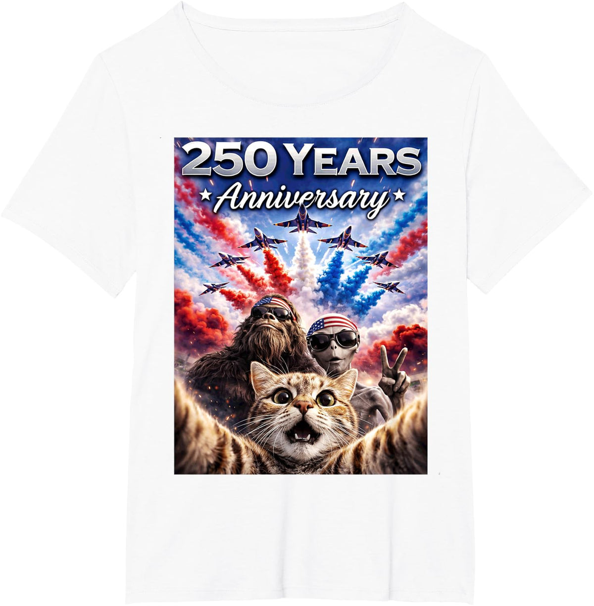 250 Years Cat Selfie Bigfoot and Alien American Flag T-Shirt - White