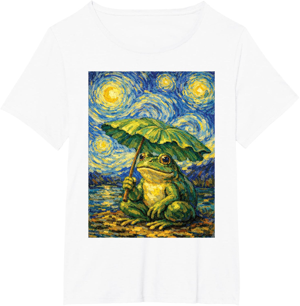 Starry Night Frog Umbrella Van Gogh Style Funny Art Tee T-Shirt Gift - White