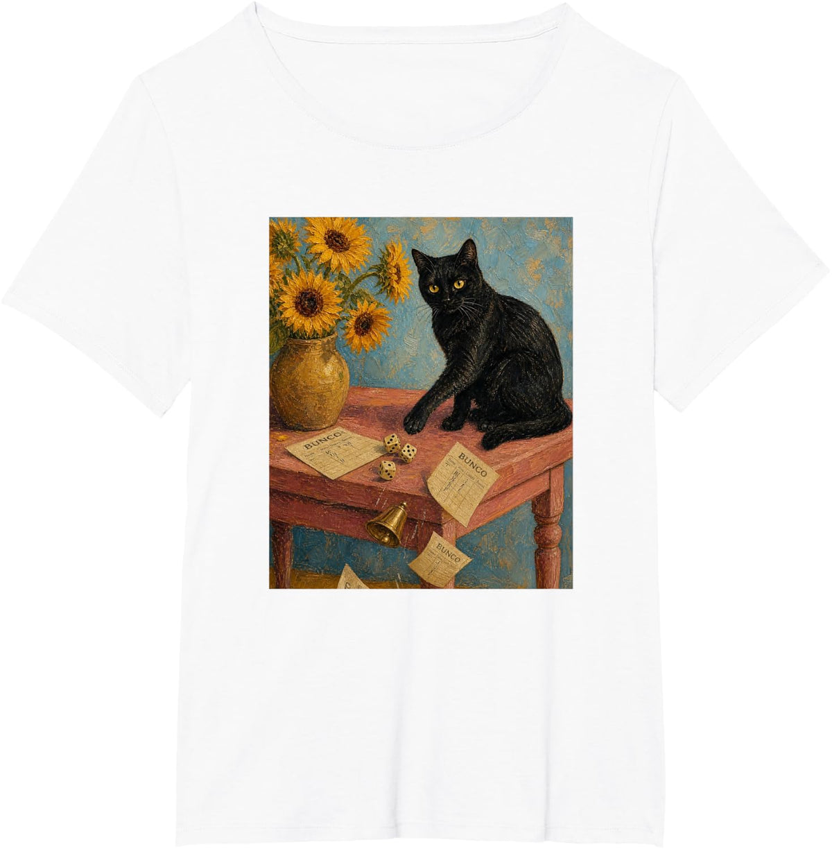 Bunco Babe Cat Sunflowers Van Gogh Art Parody Dice Player T-Shirt - White