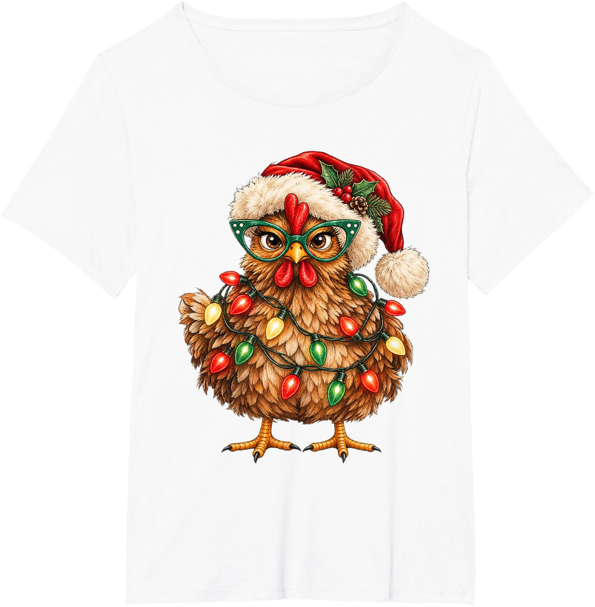 Christmas Lights Chicken Santa Sunglass Funny Xmas Tree T-Shirt - White
