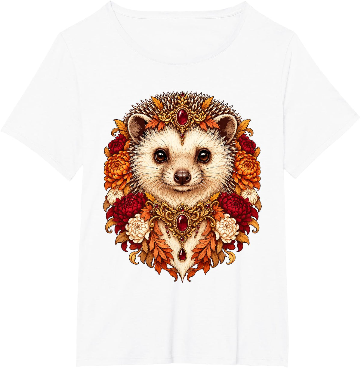 Regal Hedgehog with Fall Flowers Autumn Leaves Floral Animal T-Shirt - White