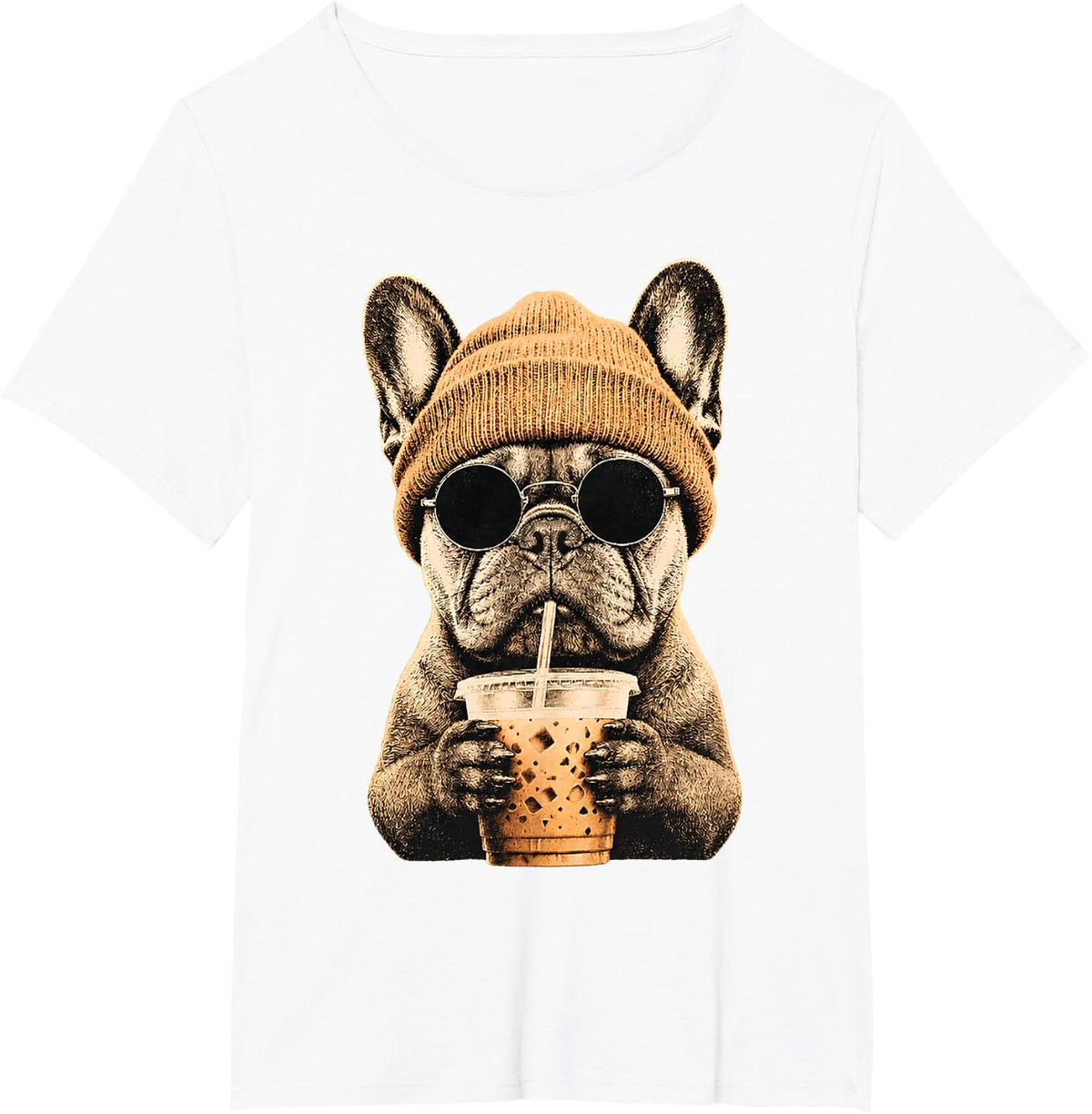 French Bulldog Hipster Dog Drinking Iced Coffee Sunglasses T-Shirt - White