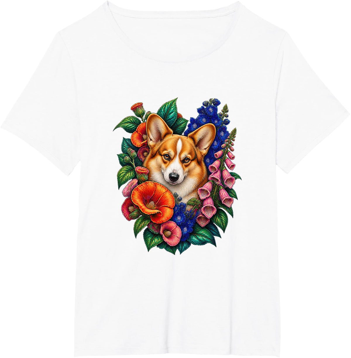 Pembroke Corgi Hollyhock Garden Art T-Shirt - White