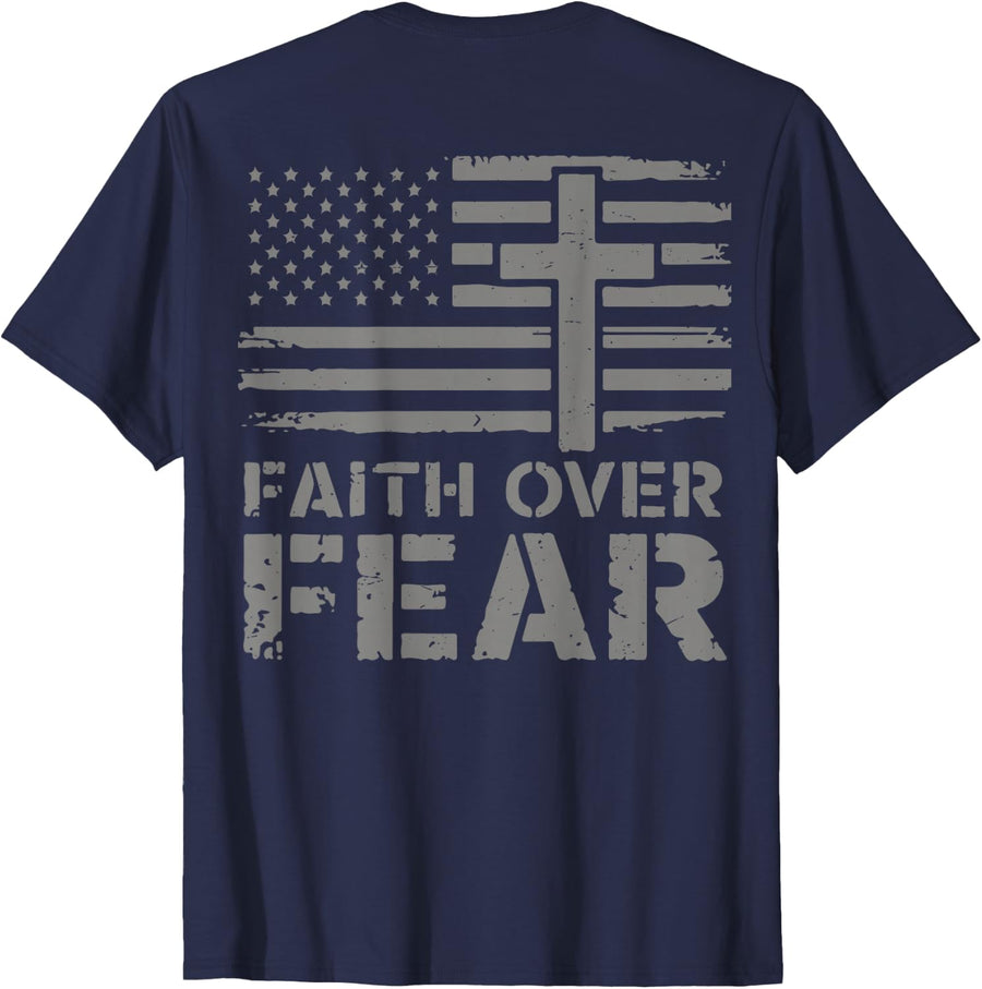 Mens Christian Faith Over Fear American Flag Patriotic Jesus T-Shirt - Navy Blue