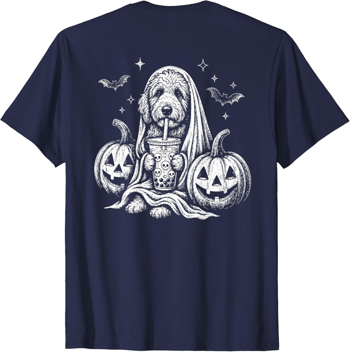 On Back Goldendoodle Ghost and Boba Cute Halloween Dog Humor T-Shirt - Navy Blue