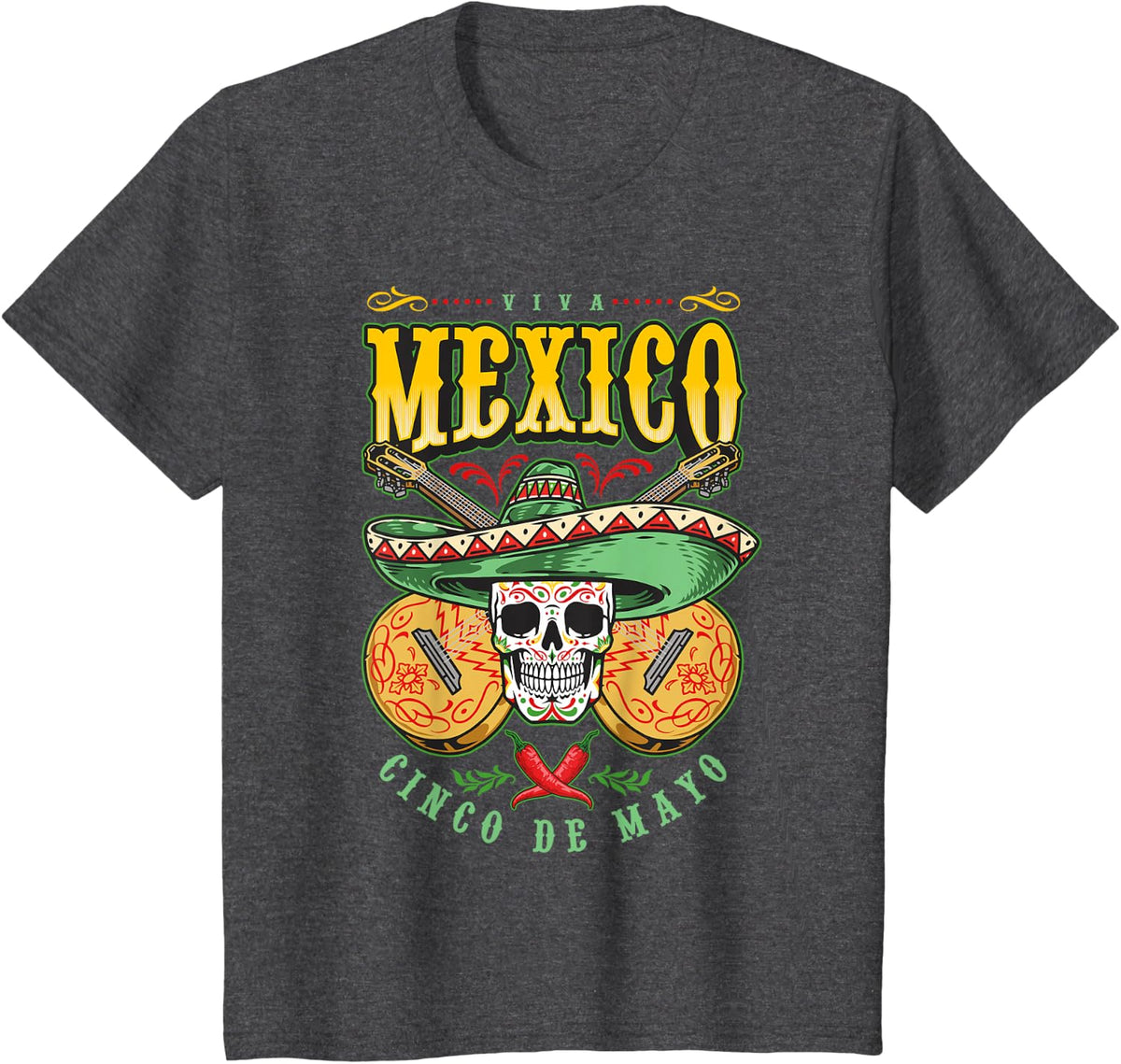 Happy 5 De Mayo Cinco de Mayo Viva Mexico Fiesta Sugar Skull T-Shirt Tee - Dark Heather Grey
