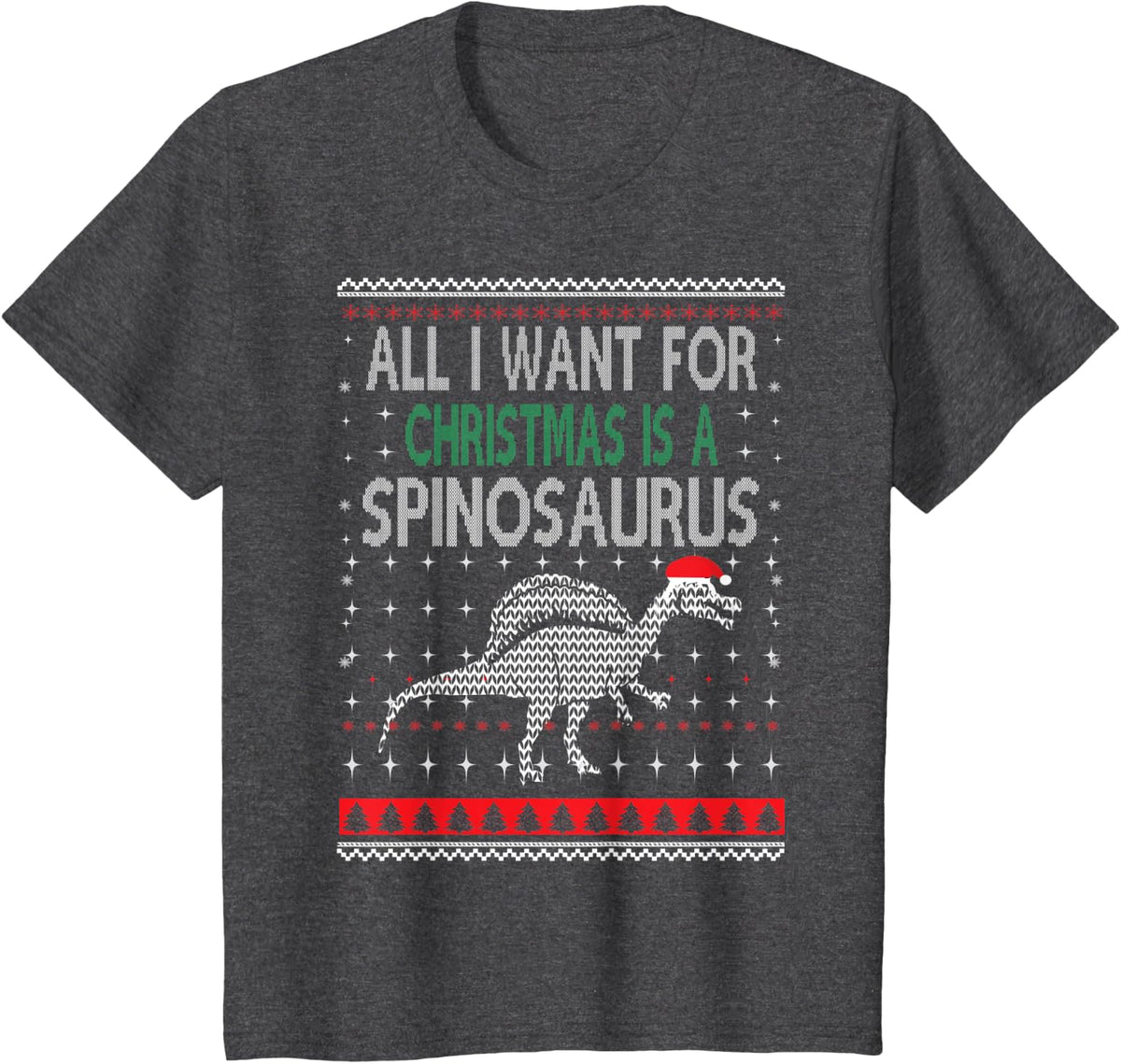 Spinosaurus Dinosaur Ugly Christmas Design Style Funny Gift T-Shirt - Dark Heather Grey