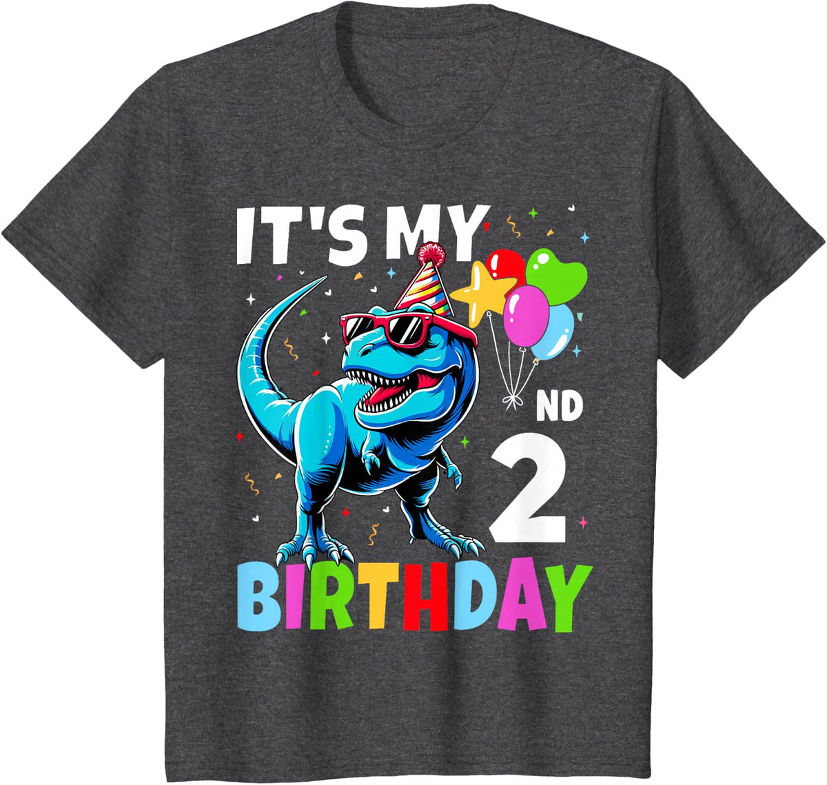 Kids 2nd Birthday Shirt Boy 2yr Two 2 Year Old Dinosaur T-Rex T-Shirt - Dark Heather Grey