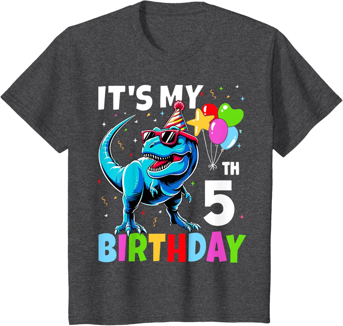 Kids 5th Birthday Shirt Boy 5yr Five 5 Year Old Dinosaur T-Rex T-Shirt - Dark Heather Grey