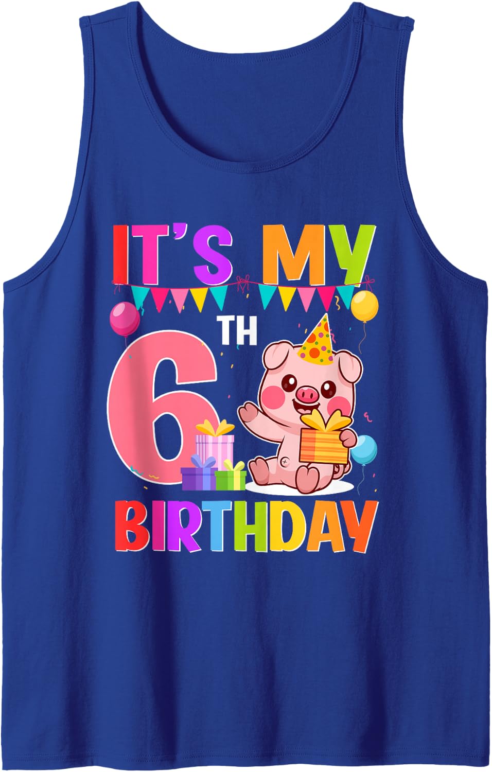 6 Years Old Birthday Pig Theme Party It's My 6th Birthday Sleeveless Tank Top - Royal Blue