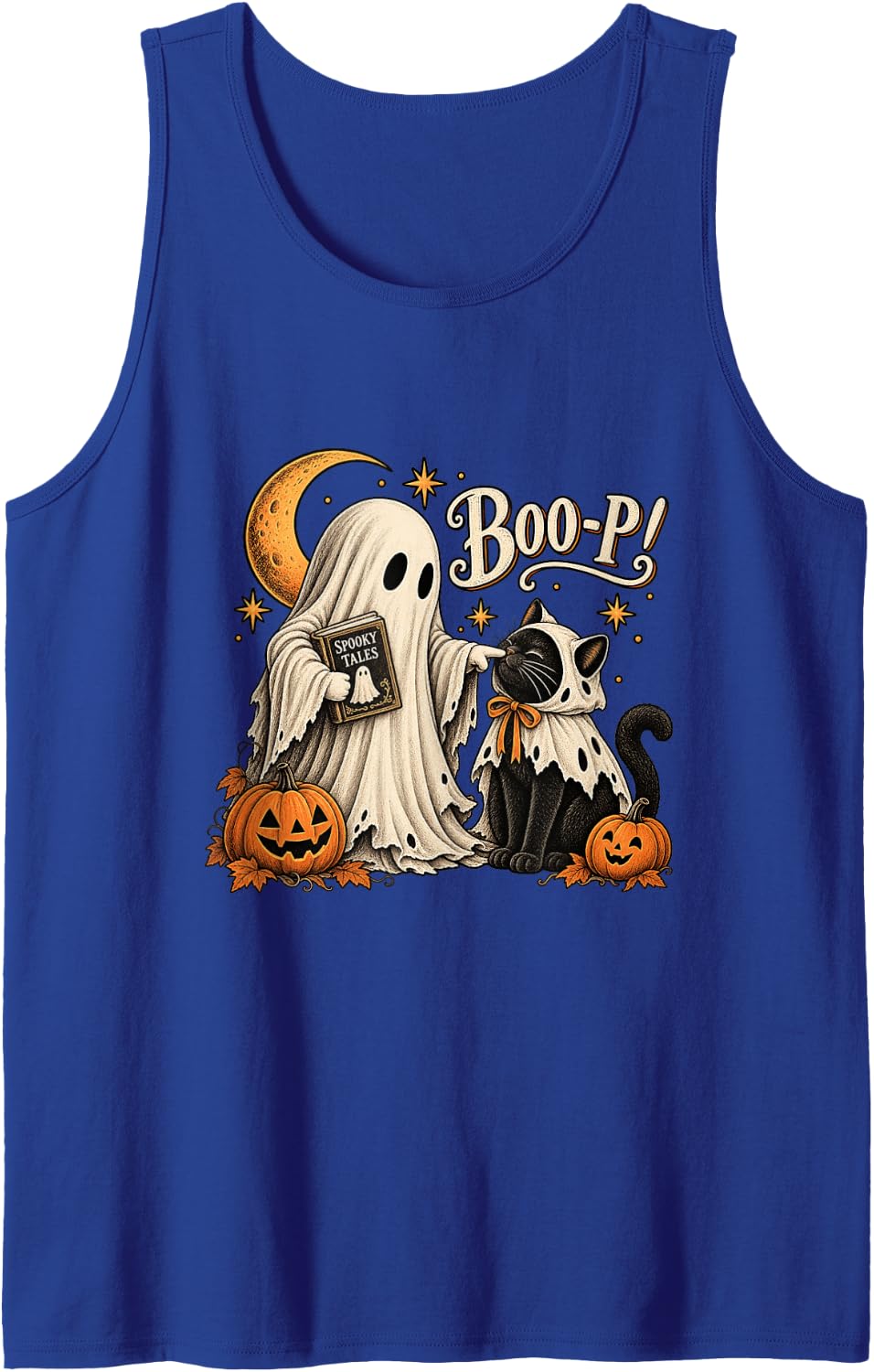 Vintage Halloween Spooky Book Ghost Black Cat Boo-P Sleeveless Tank Top - Royal Blue